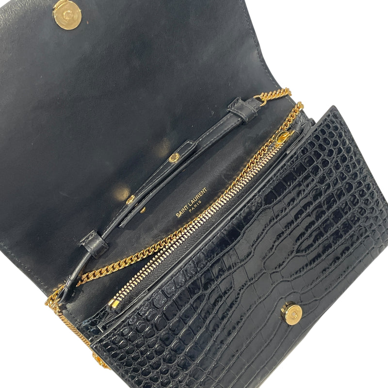 SAINT LAURENT/Cross Body Bag/Animal Pattern/Leather/BLK/CROC EMBOSSED WALLET ON CHAIN