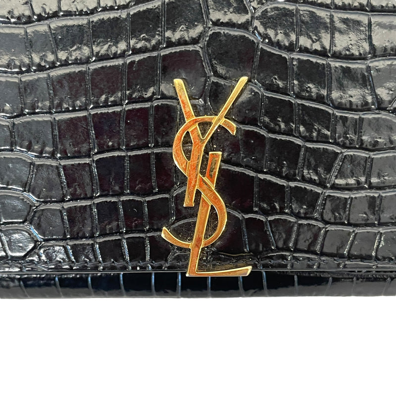 SAINT LAURENT/Cross Body Bag/Animal Pattern/Leather/BLK/CROC EMBOSSED WALLET ON CHAIN