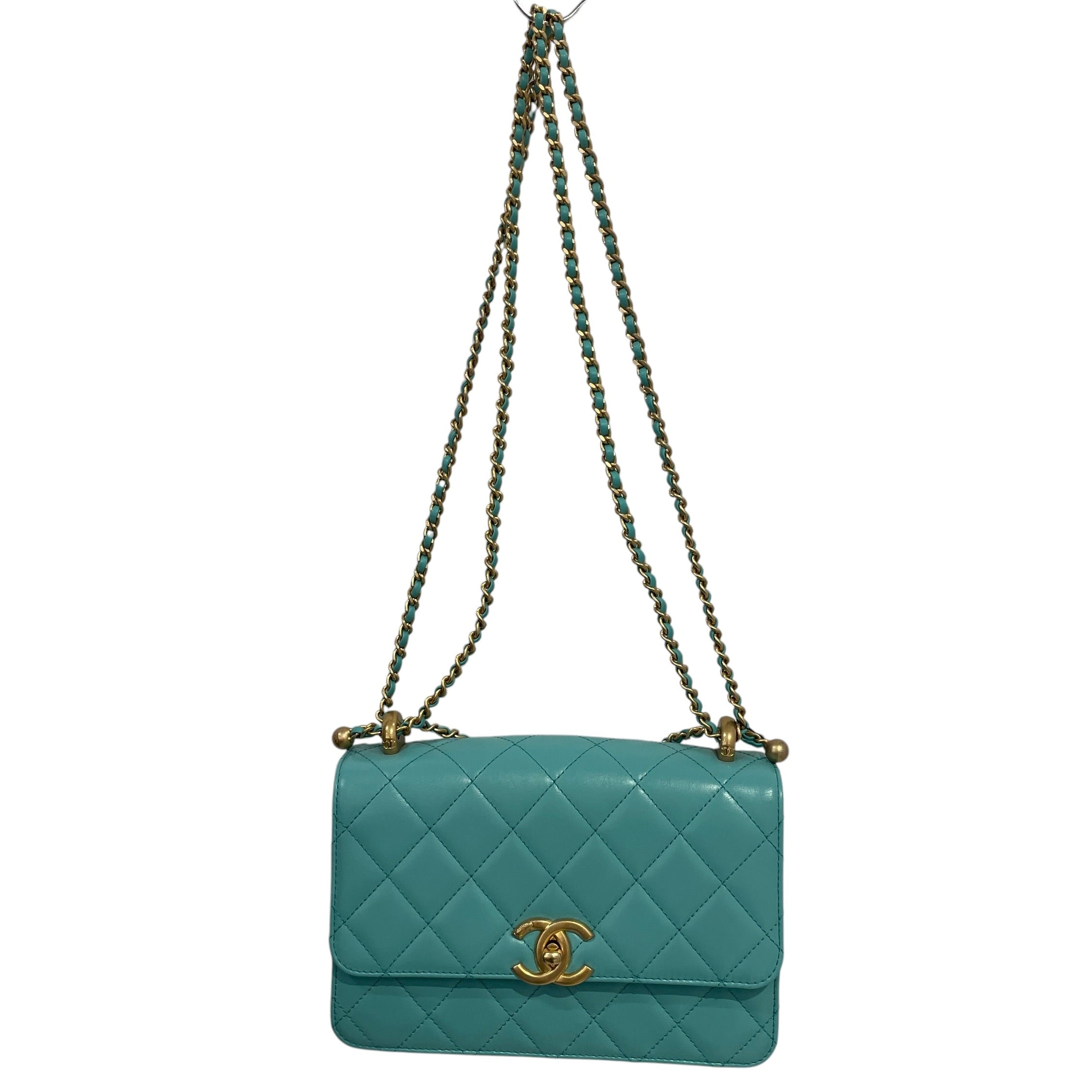 CHANEL/Hand Bag/Leather/BLU/Gold and Teal lambskin quilted view 1