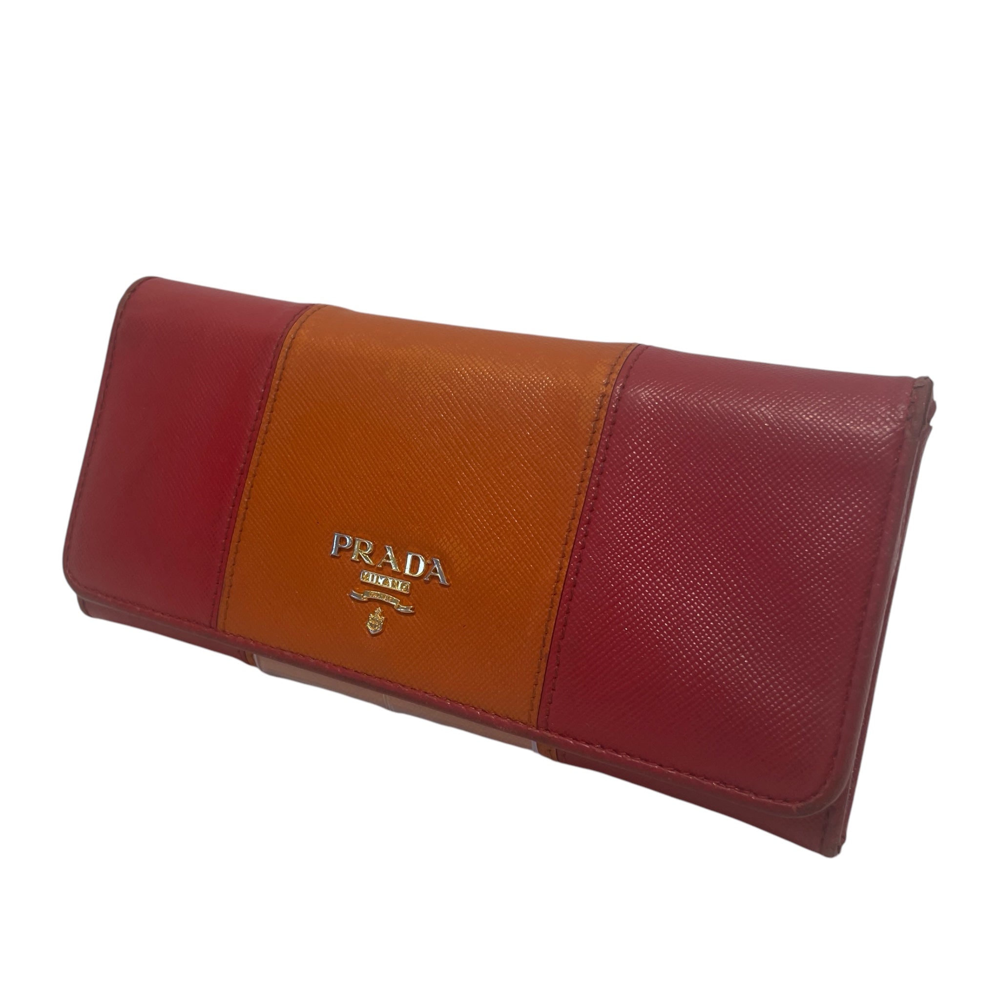 PRADA/Long Wallet/OS/Stripe/Leather/ORN/Fuoco/Papaya Saffiano Leather view 1