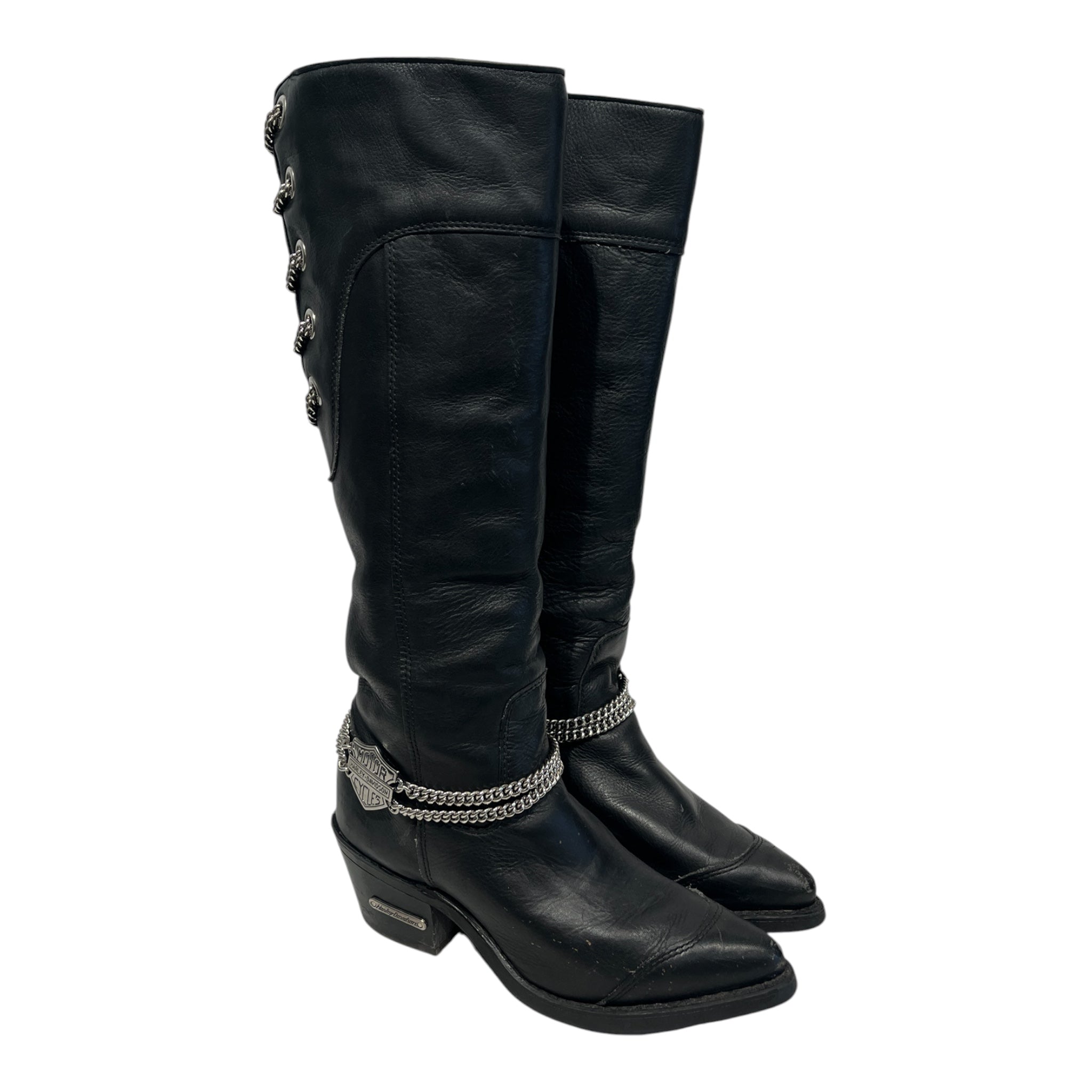 HARLEY DAVIDSON/Biker Boots/US 5.5/Leather/BLK/chain decal knee boot view 1