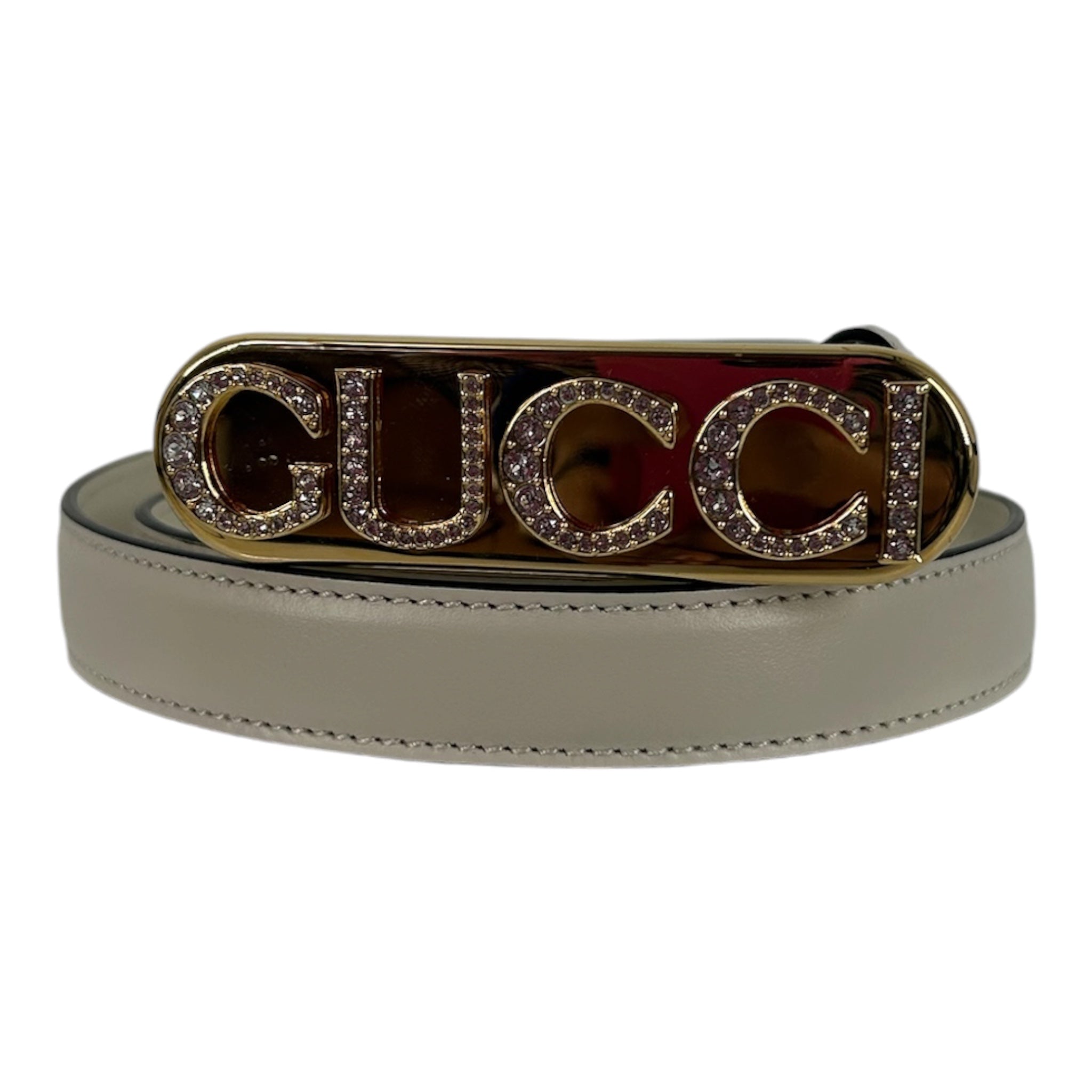 GUCCI/Belt/Leather/WHT/L's/GOLD VAL BUCKLE BLING LOGO view 1