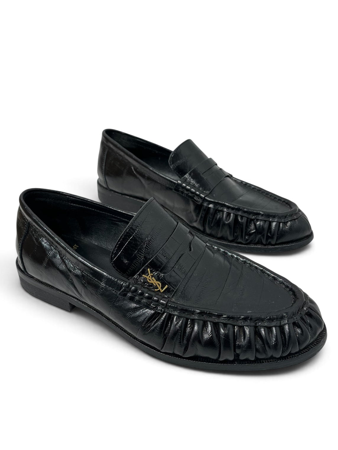 SAINT LAURENT/Loafers/EU 43/Leather/BLK/FOLDED LEATHER GOLD YSL view 1