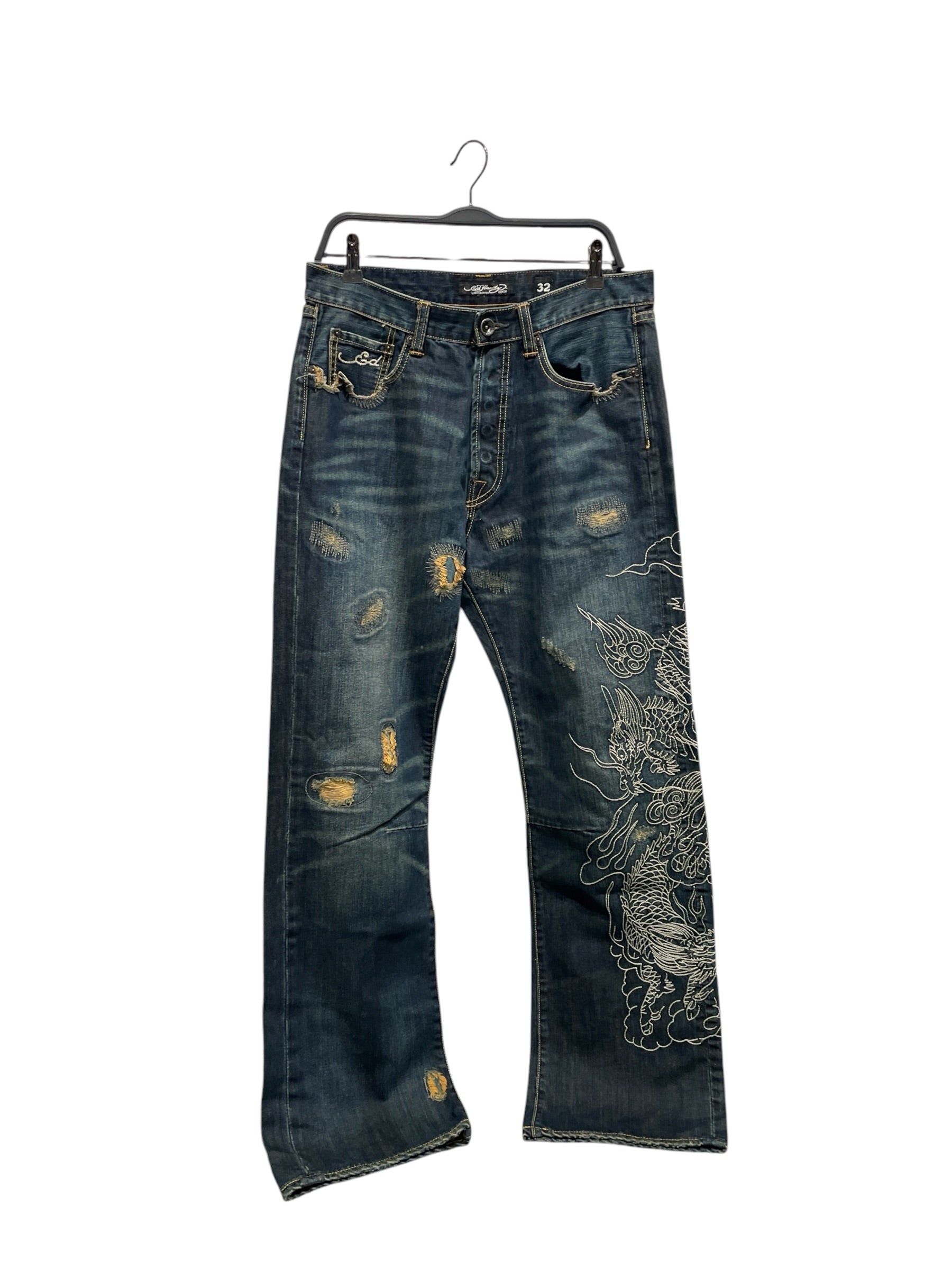 Ed Hardy/Straight Pants/32/Cotton/NVY/Embroidered Dragon Jeans view 1