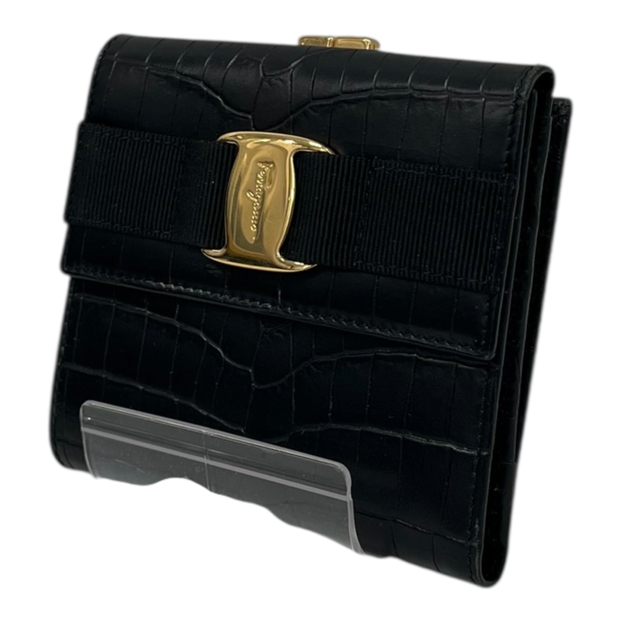Salvatore Ferragamo/Trifold Wallet/Animal Pattern/Leather/BLK/CROC EMBOSSED GOLD EMBLEM view 1