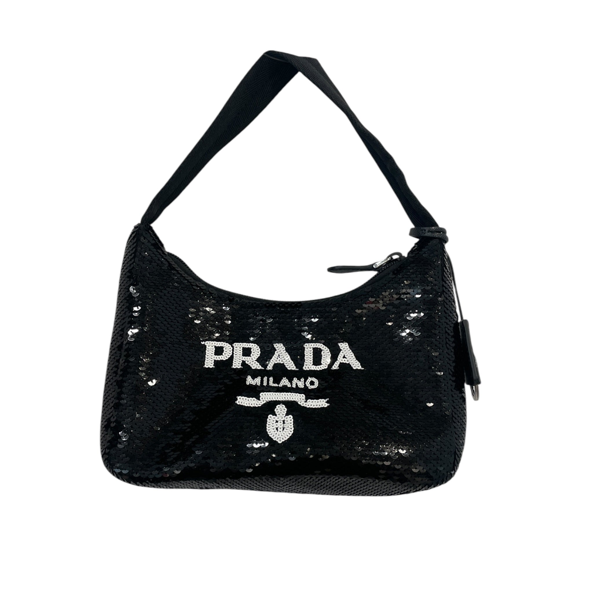 PRADA/Hand Bag/Glitter/Polyester/BLK/Glitter WHT Logo Leather Zippe view 1