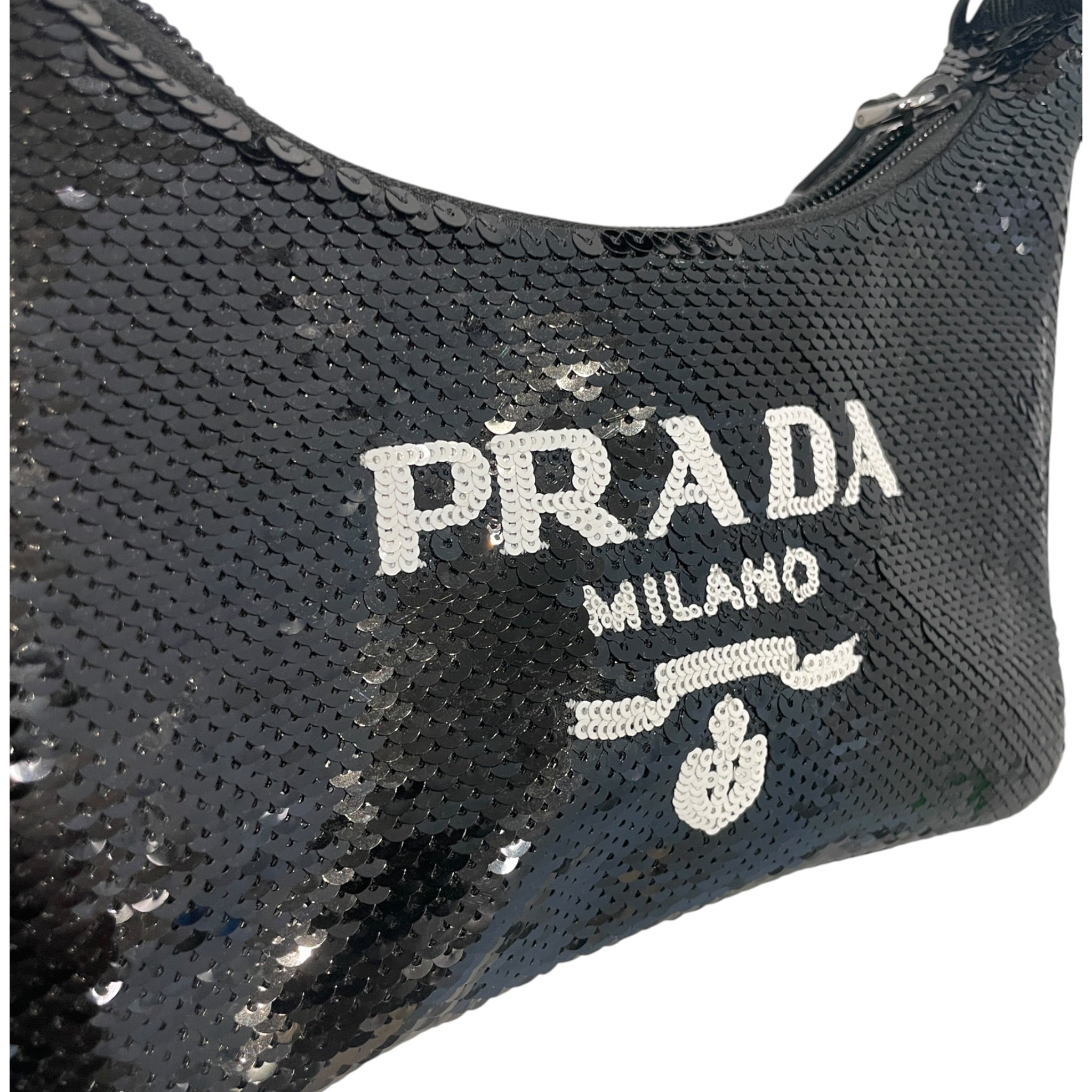 PRADA/Hand Bag/Glitter/Polyester/BLK/Glitter WHT Logo Leather Zippe view 6