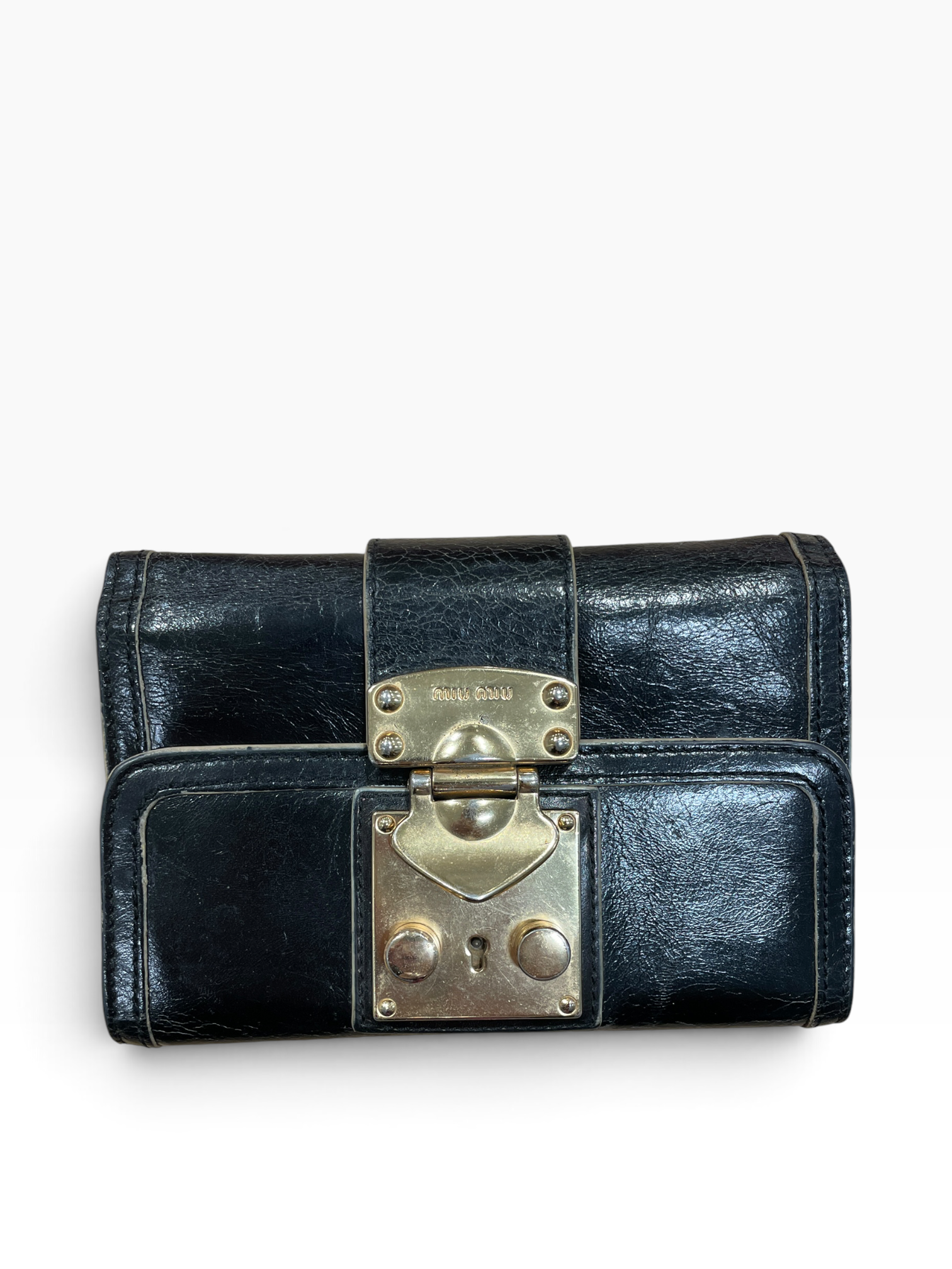 MIU MIU/Trifold Wallet/Leather/BLK/M's/gold clasp black wallet view 1
