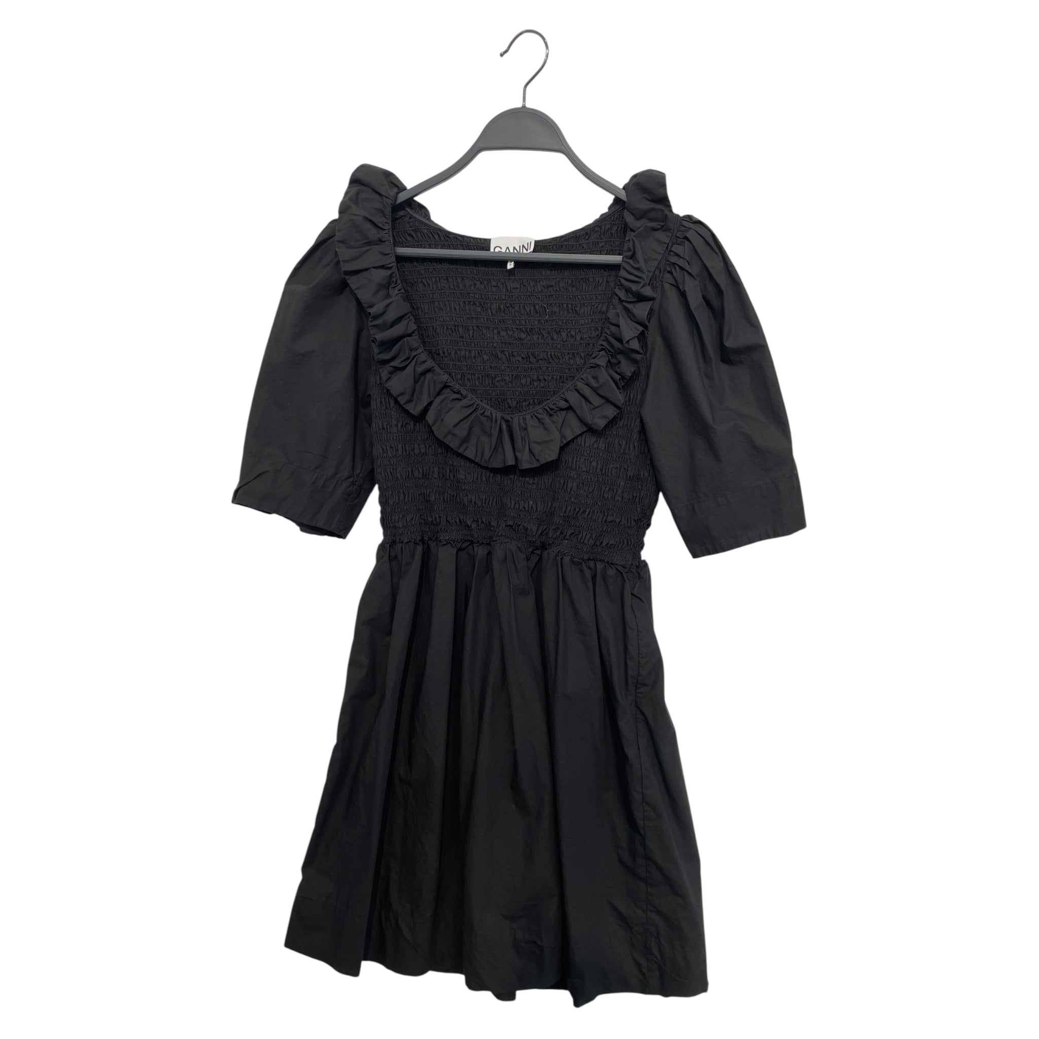 GANNI/SS Dress/38/Cotton/BLK/smocked waist fringe detail view 1