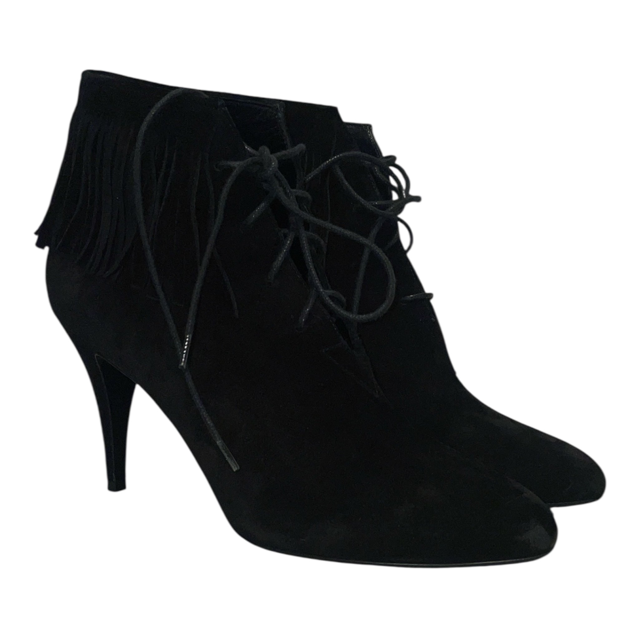SAINT LAURENT/Heels/EU 39/Suede/BLK/Fringe Trim Lace-Up Boot view 1