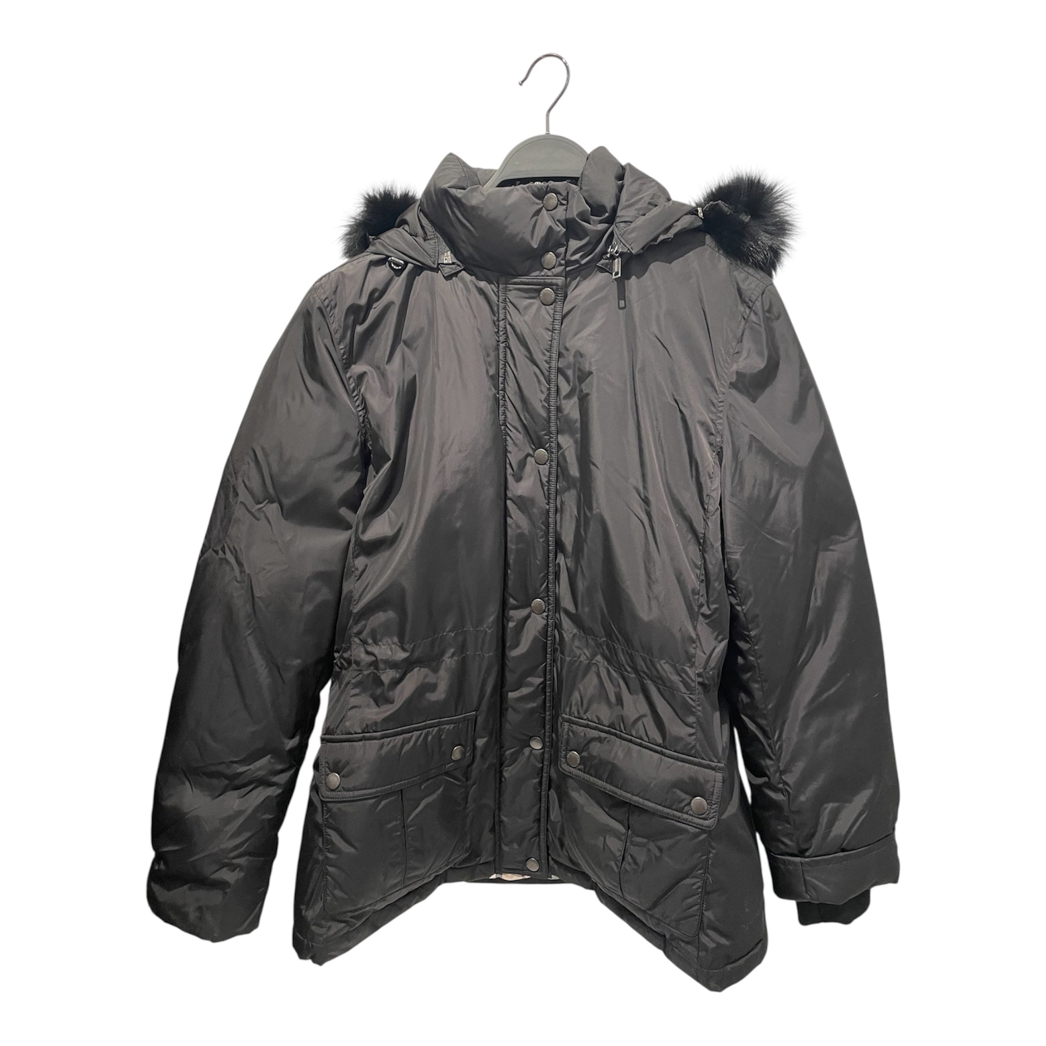 BURBERRY LONDON/Puffer Jkt/L/Nylon/BLK/FUR HOOD PLAID INSIDE view 1