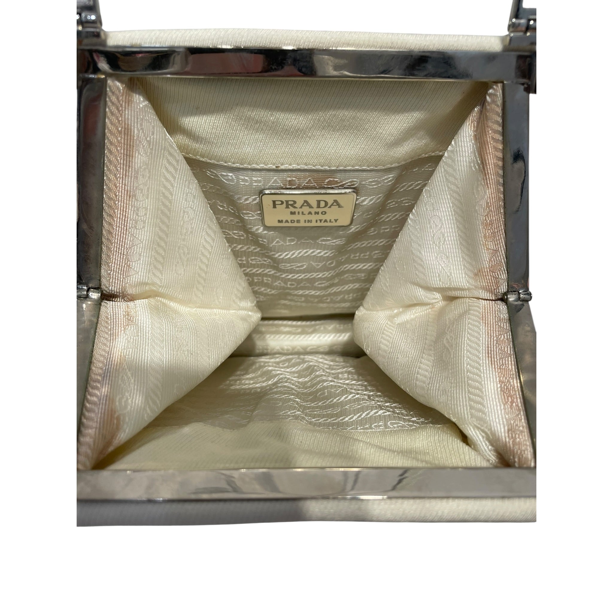 PRADA/Cross Body Bag/Cotton/WHT/VINTAGE CLASP OPEN view 4