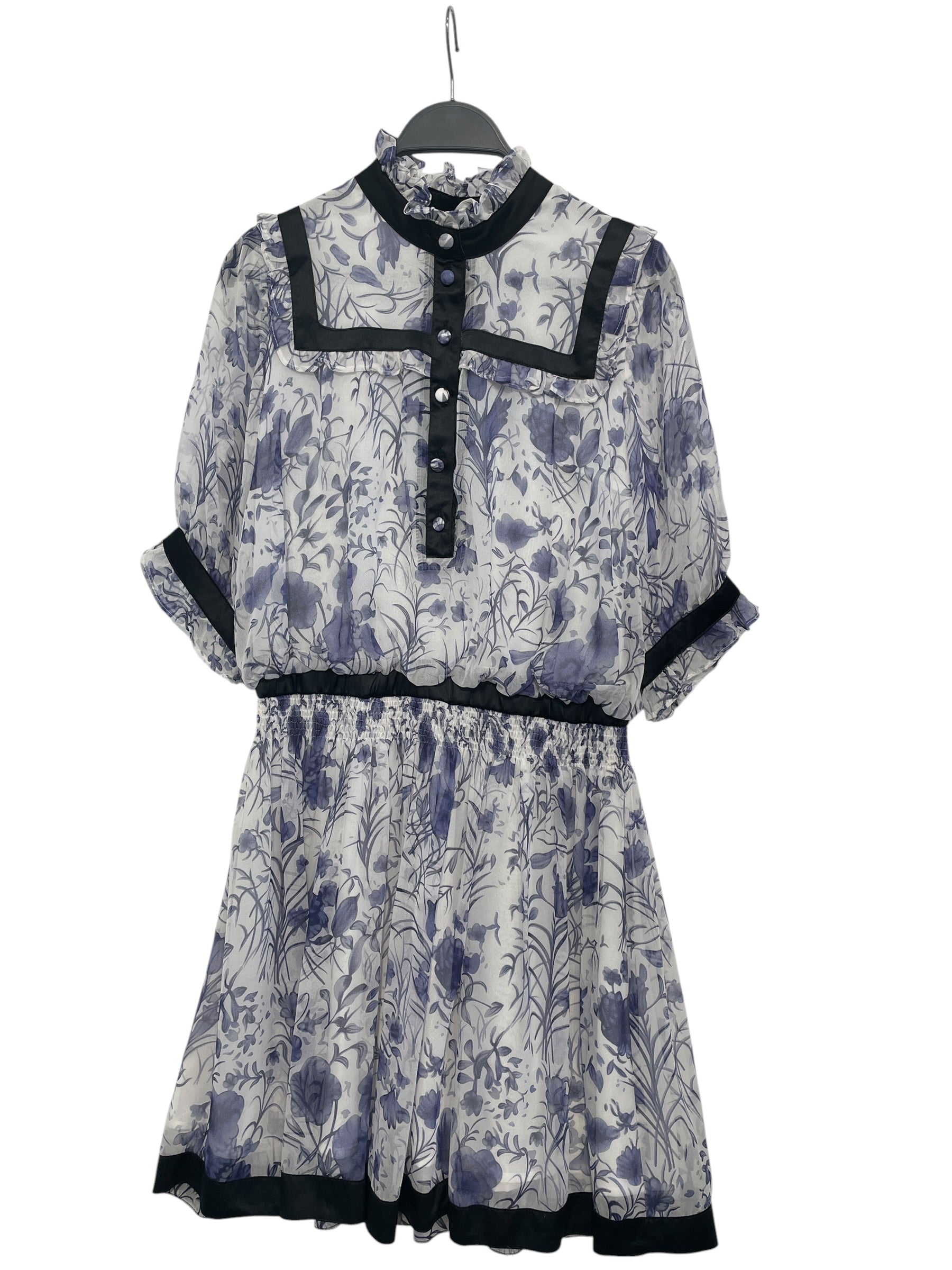 ANNA SUI/SS Dress/M/Floral Pattern/Silk/WHT/Mini Length/violet florals, blk seams view 1