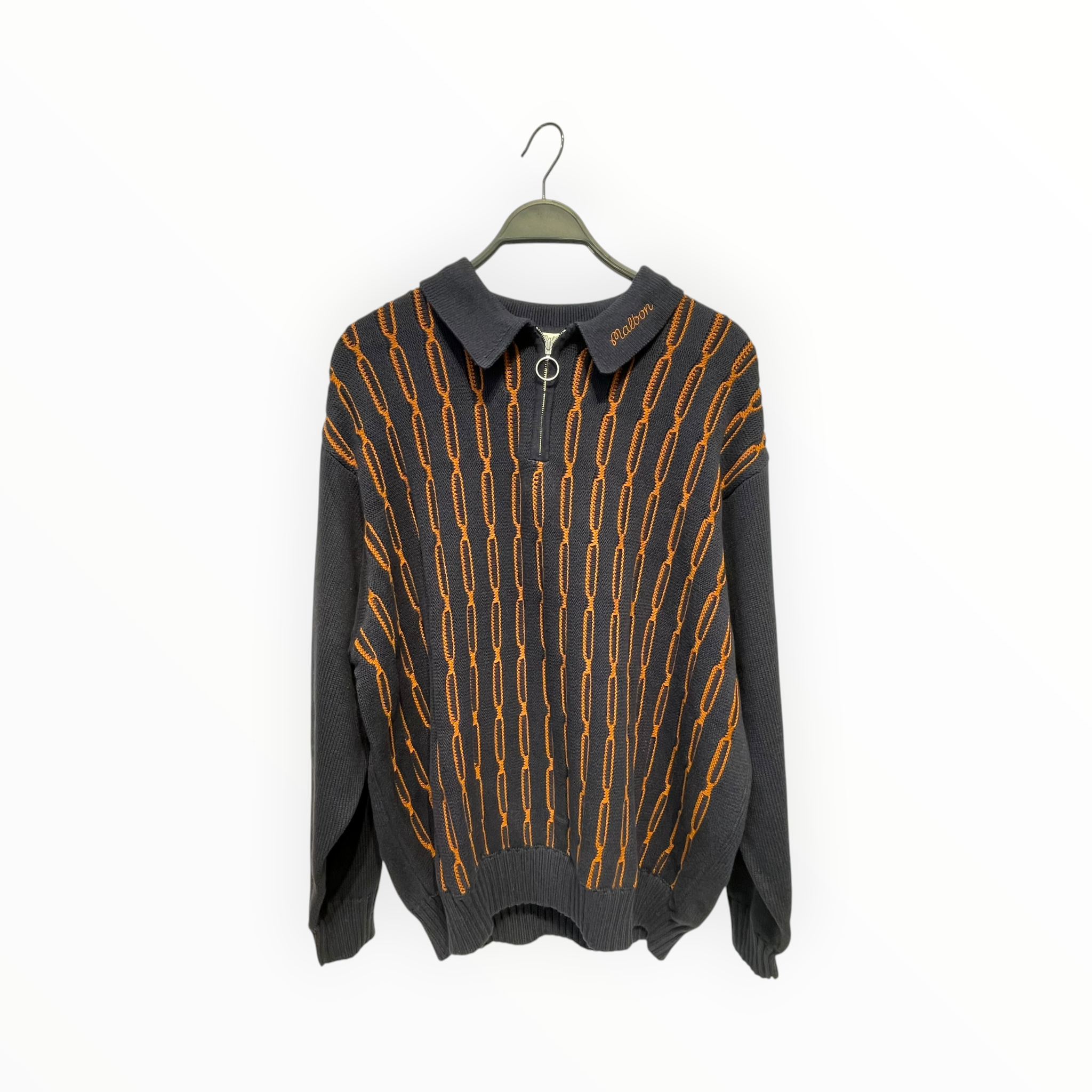 Malbon(MALBON GOLF)/Heavy Sweater/XL/Stripe/Cotton/NVY/QUATER ZIP ORANGE PATTERN view 1