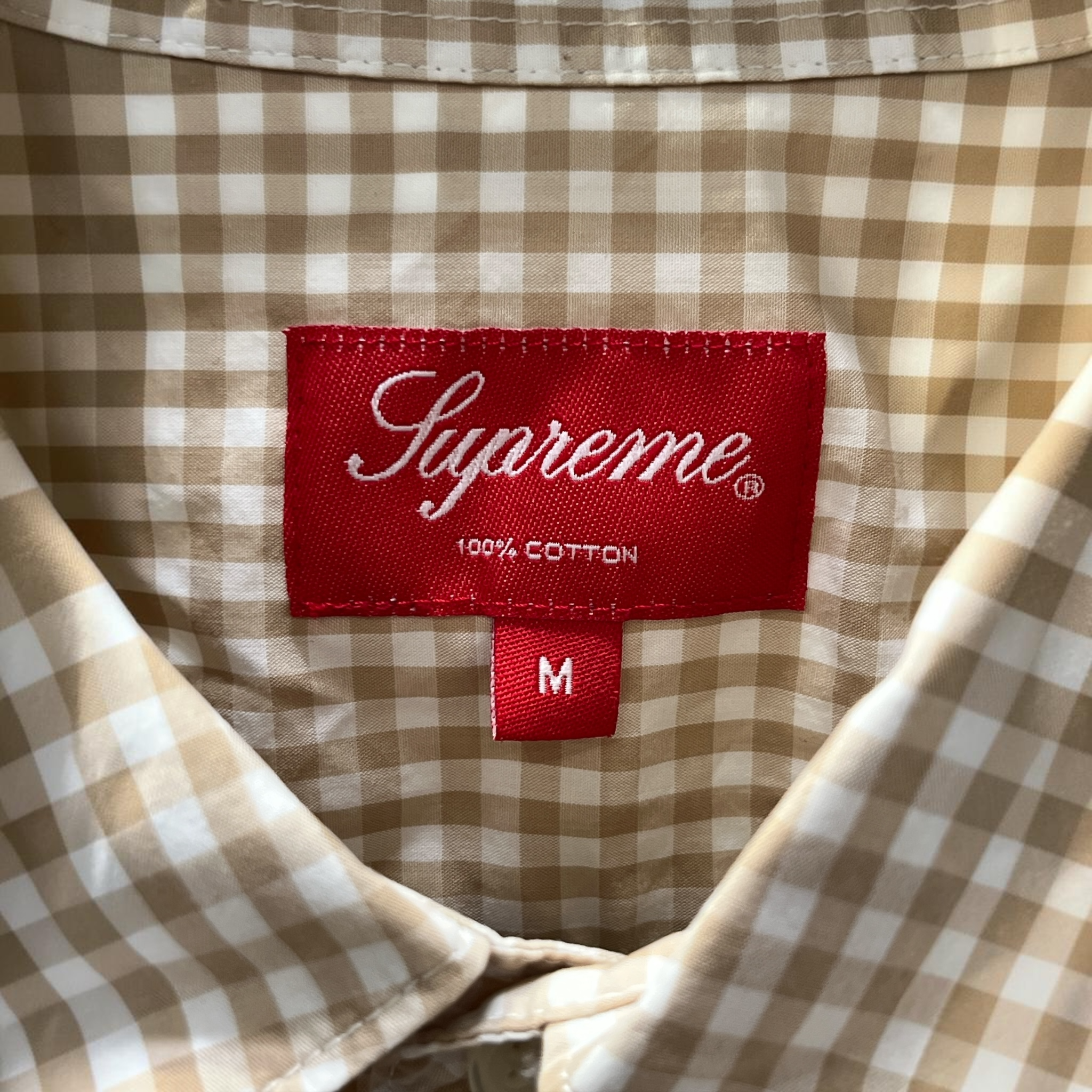 Supreme/SS Shirt/M/Cotton/BEG/Gingham Check/LOGO EMBROIDERED PATCH view 3