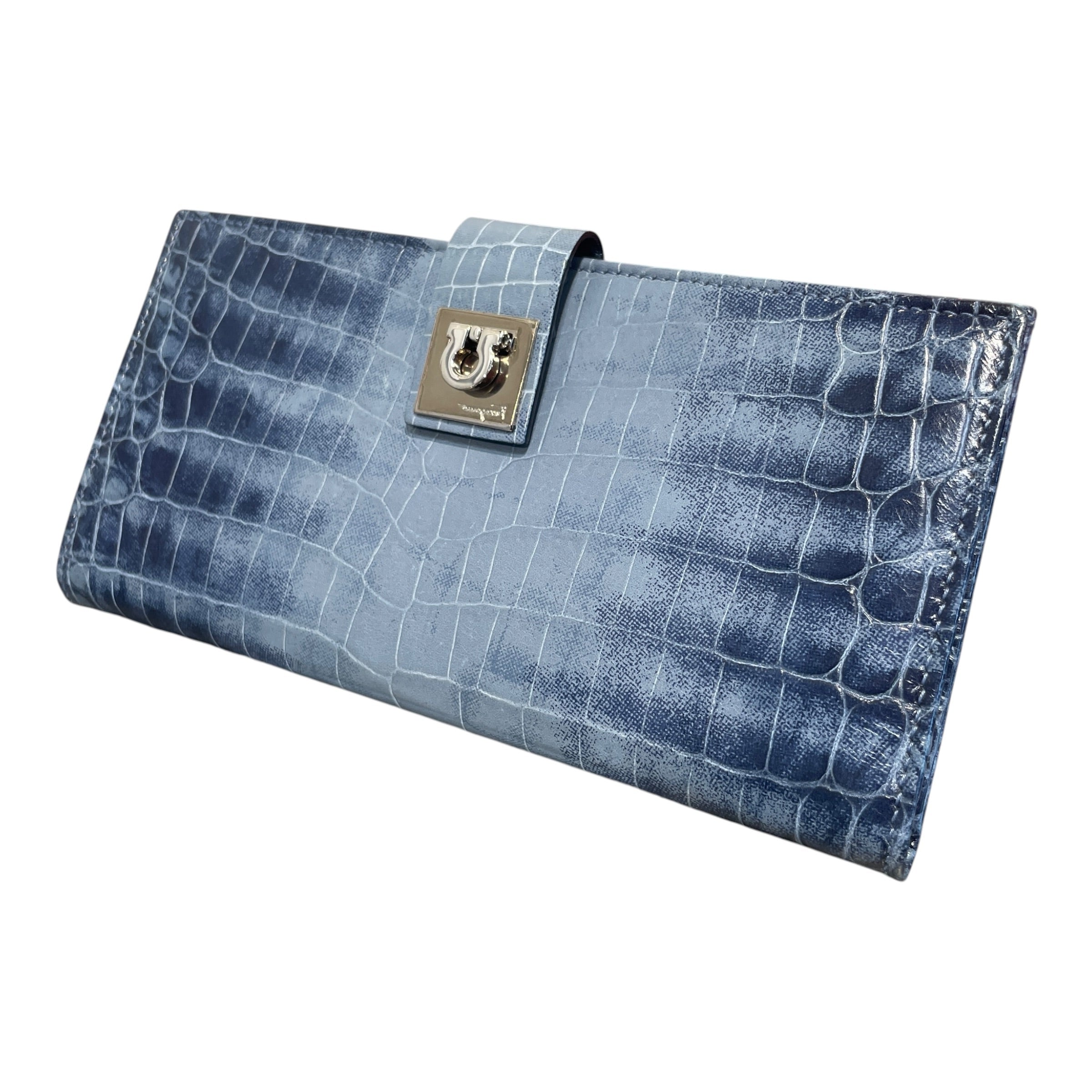 Salvatore Ferragamo/Long Wallet/Leather/BLU/L's/Croc Embosssed Wallet view 1