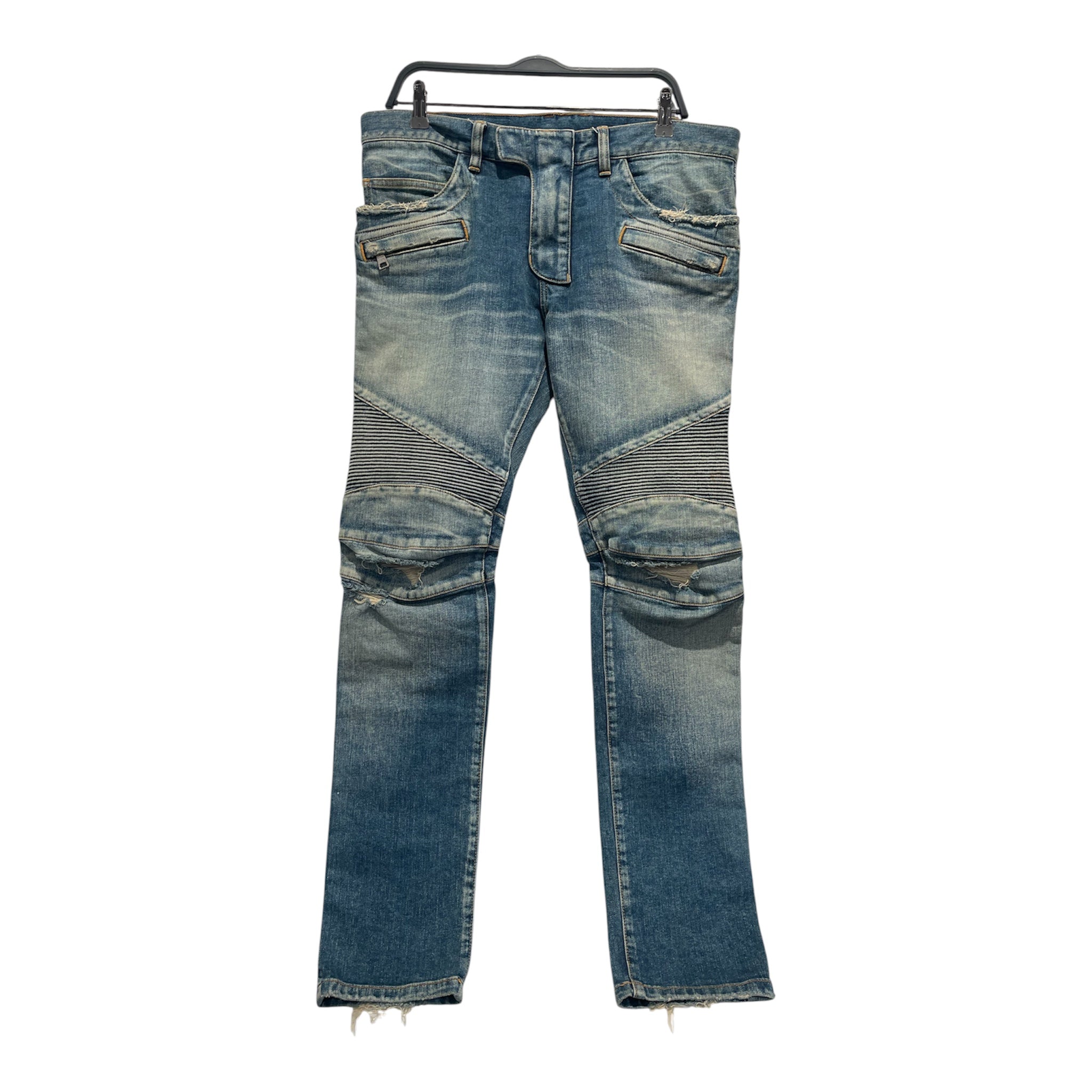 BALMAIN/Skinny Pants/33/Denim/IDG/biker jeans distressed knee view 1