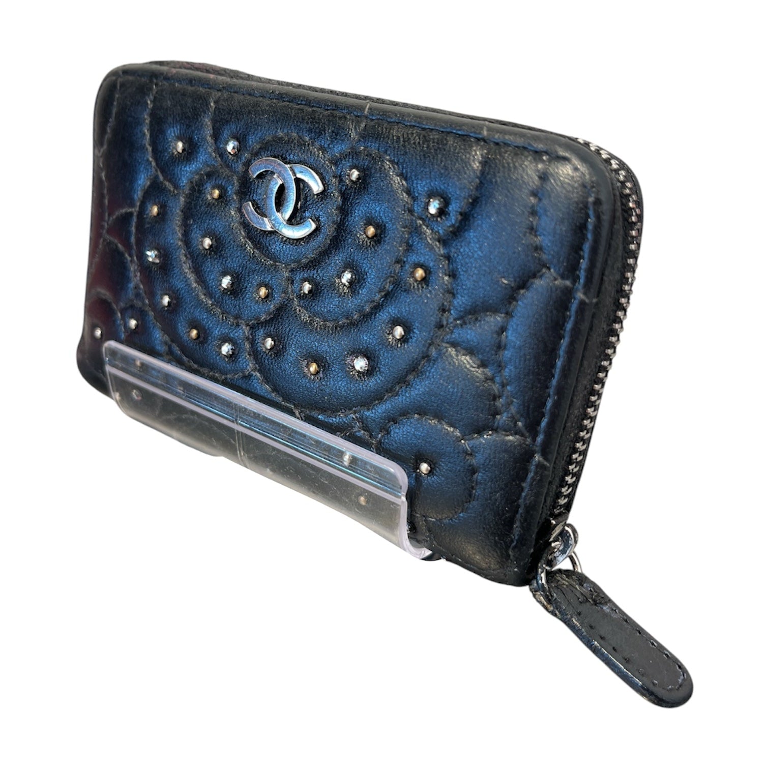 CHANEL/Coin Wallet/Leather/BLK/STUDDED CAMELLIA COIN PURSE view 1