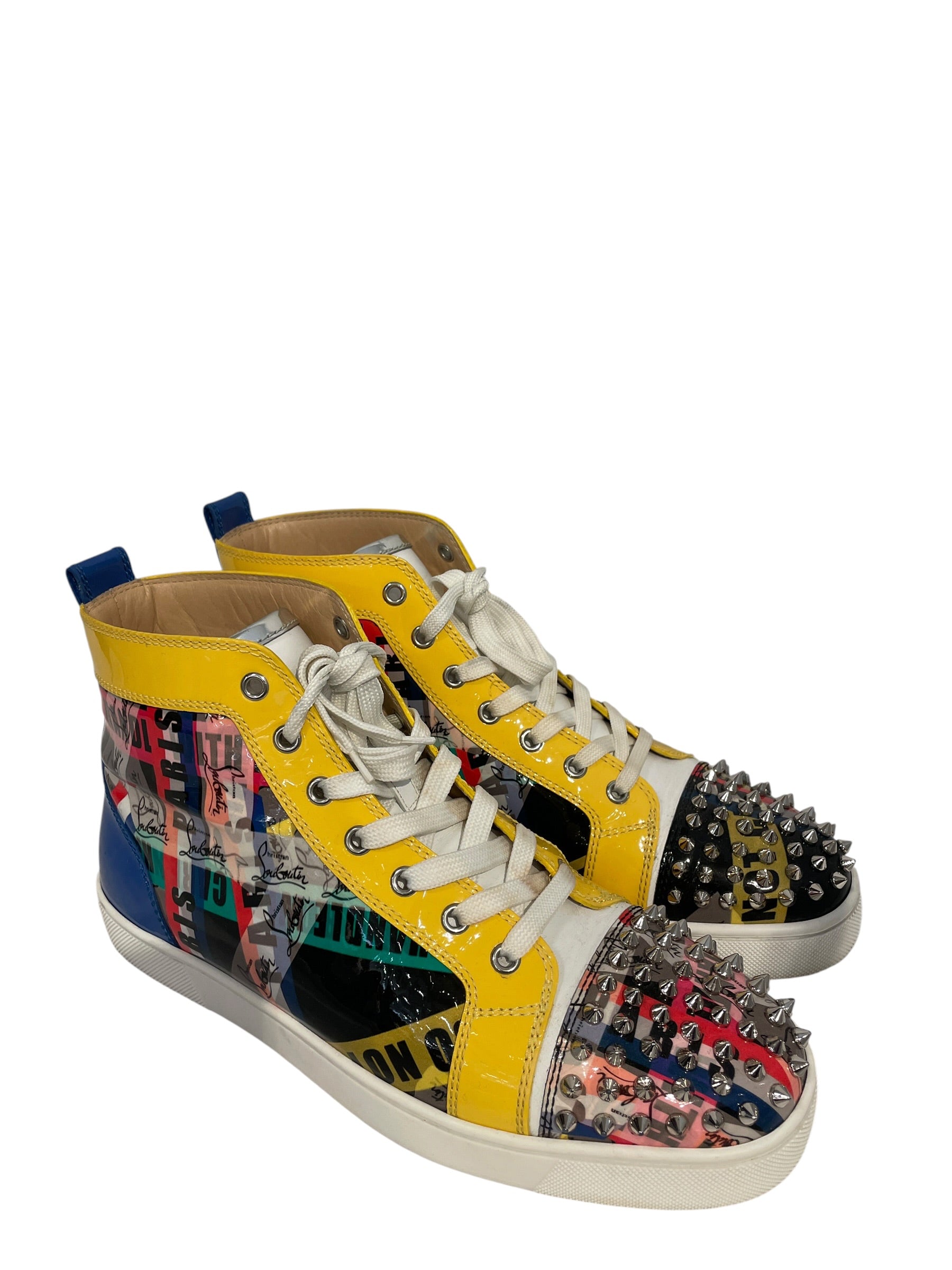Christian Louboutin/Hi-Sneakers/US 7.5/Graphic/Leather/MLT/U-Tip/Spike YLW & BLU Border view 1