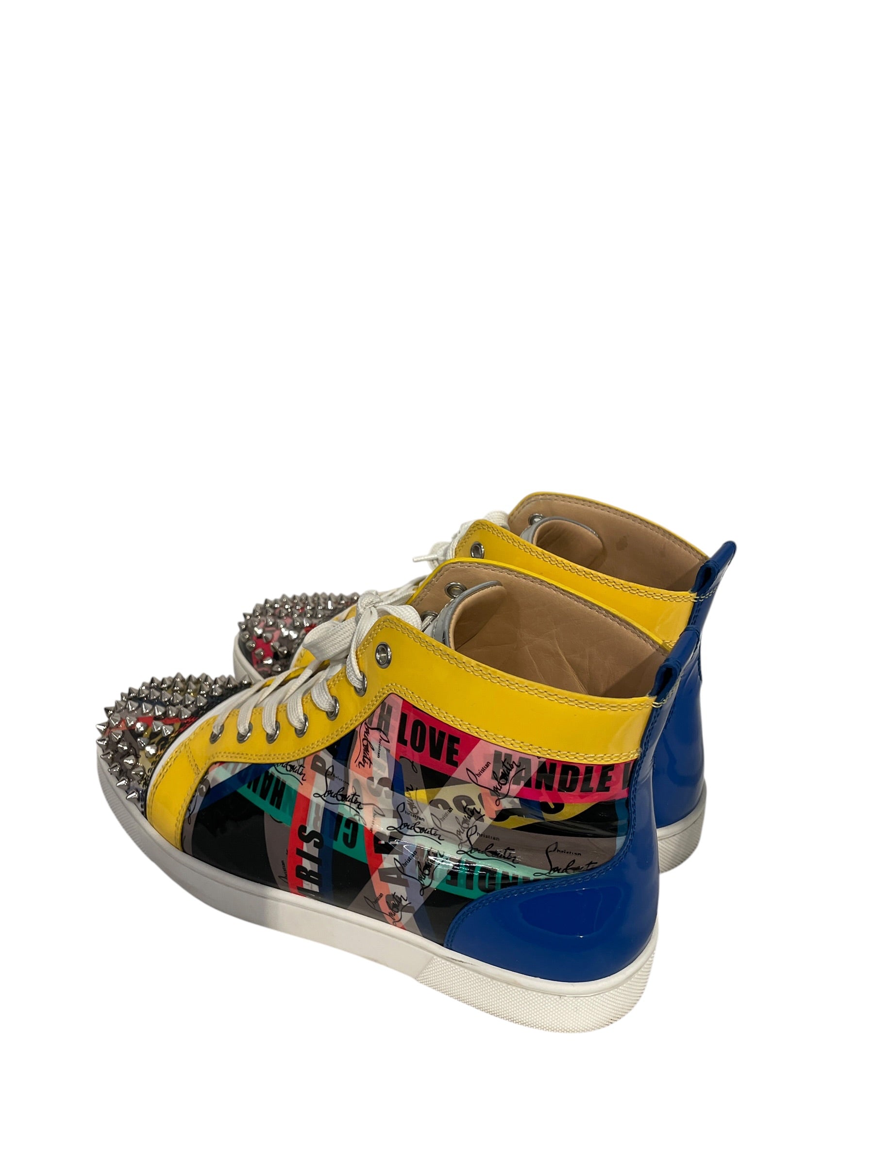 Christian Louboutin/Hi-Sneakers/US 7.5/Graphic/Leather/MLT/U-Tip/Spike YLW & BLU Border view 2