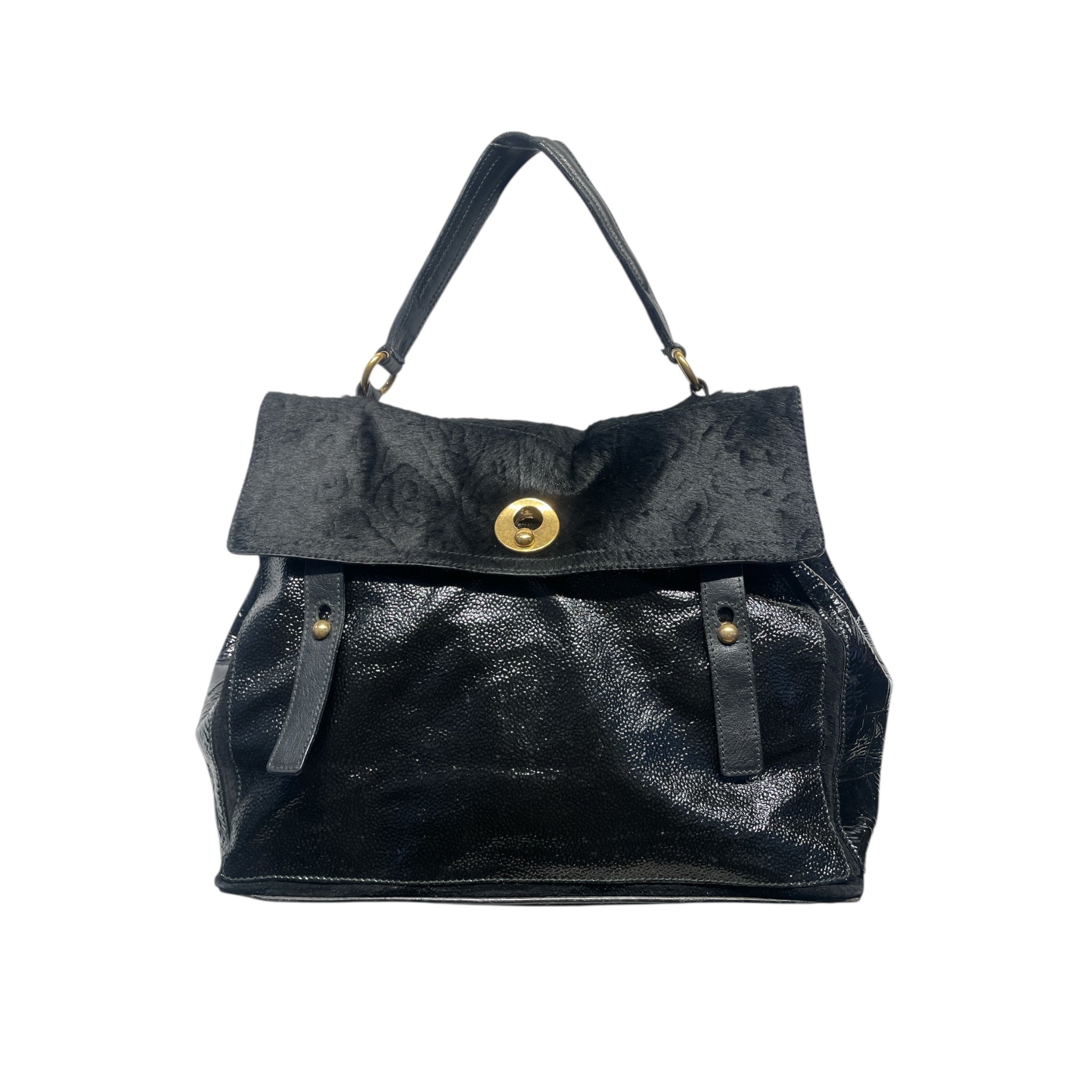 YVES SAINT LAURENT/Hand Bag/Leather/BLK/VINTAGE W FUR+ view 1