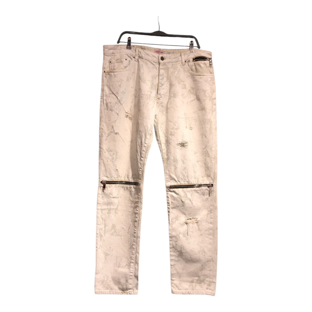 Palm Angels/Straight Pants/36/Cotton/WHT/Distressed/All Over Print/Painted Zipper Waist/Knees view 1