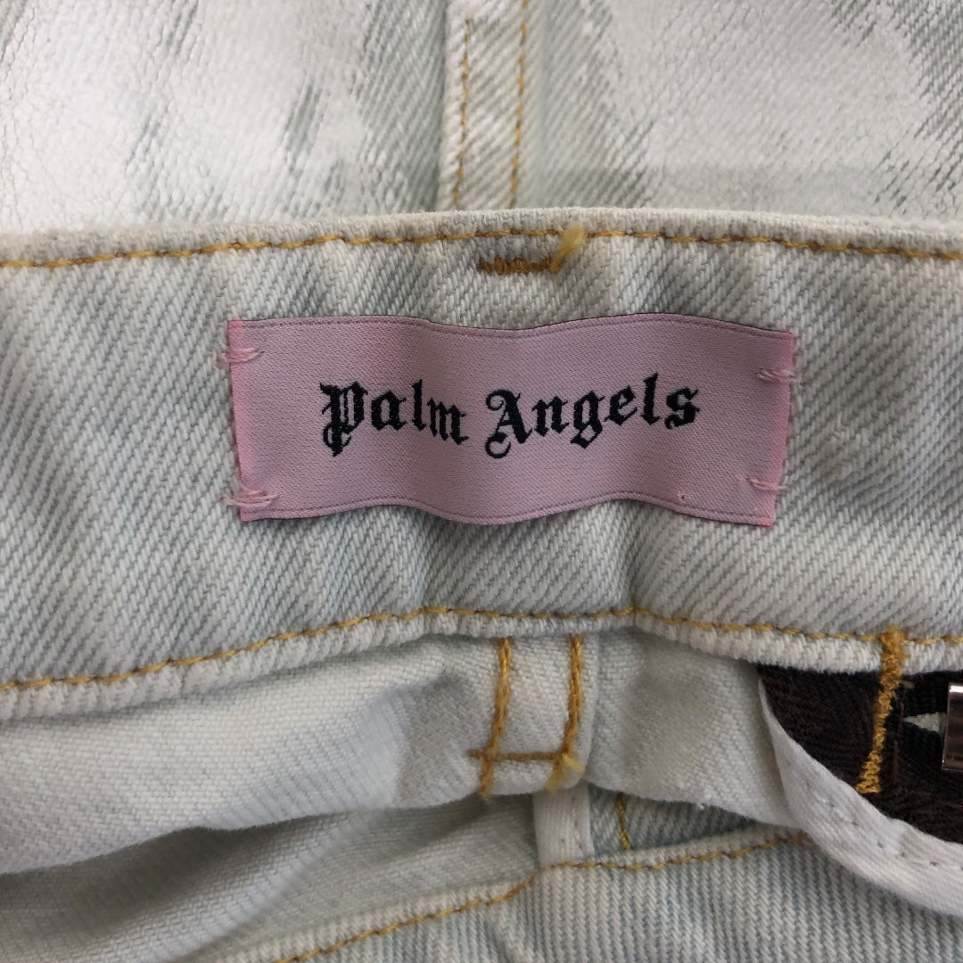Palm Angels/Straight Pants/36/Cotton/WHT/Distressed/All Over Print/Painted Zipper Waist/Knees view 3