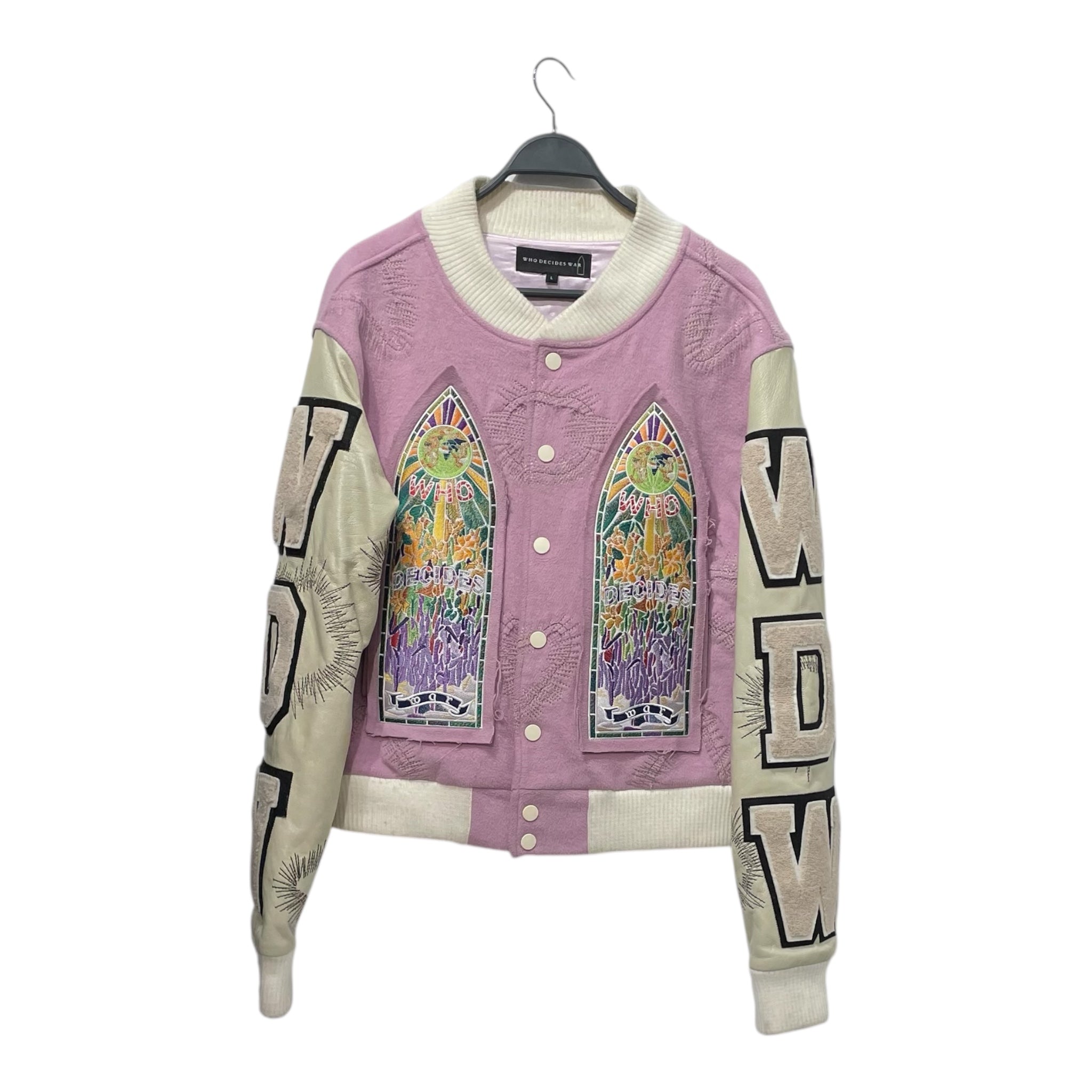 WHO DECIDES WAR/Baseball Jkt/L/PPL/All Over Print/NAMESAKE EMBROIDERED VARSITY view 1