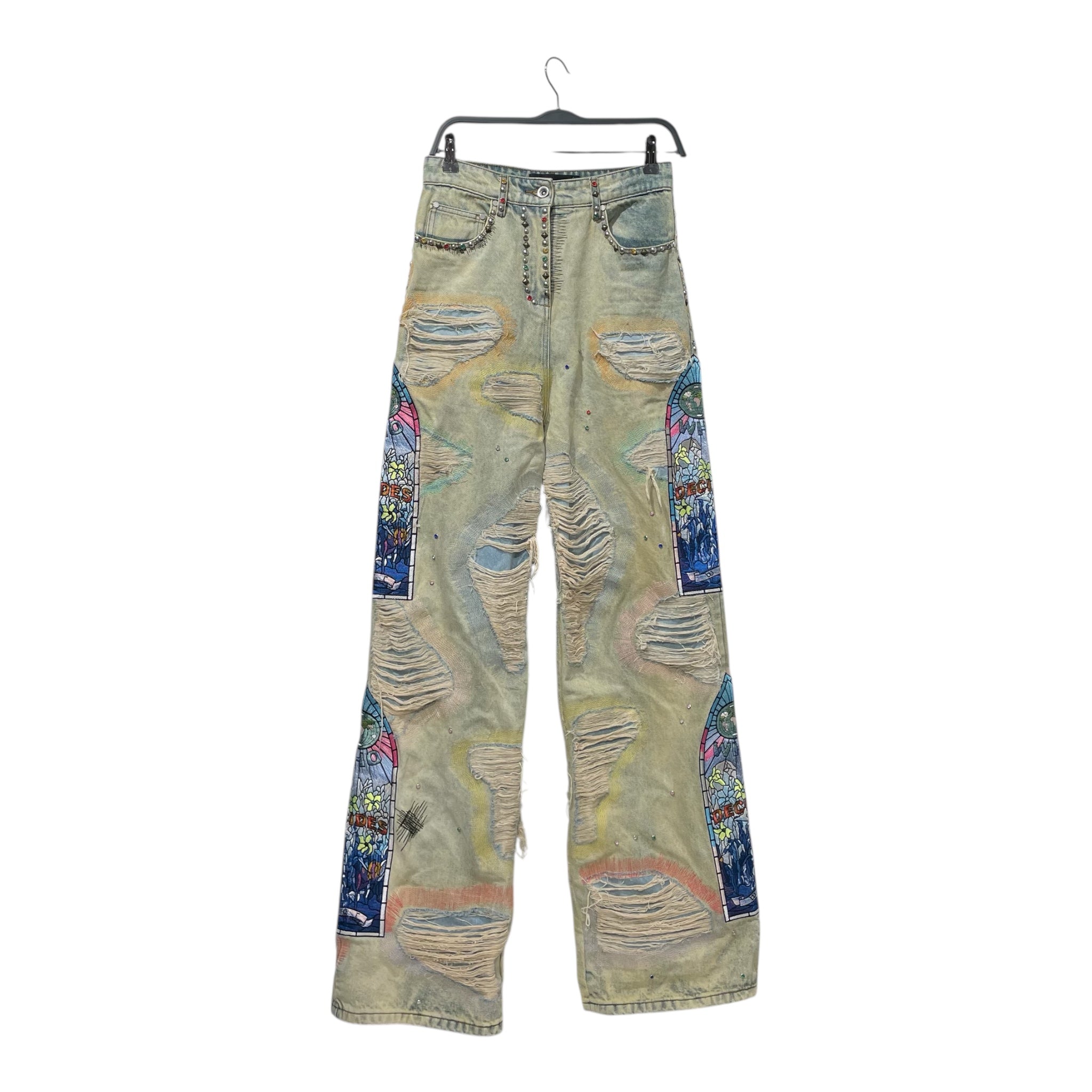 WHO DECIDES WAR/Wide Leg Pants/26/Graphic/Denim/BLU/stud distressed side embroider view 1