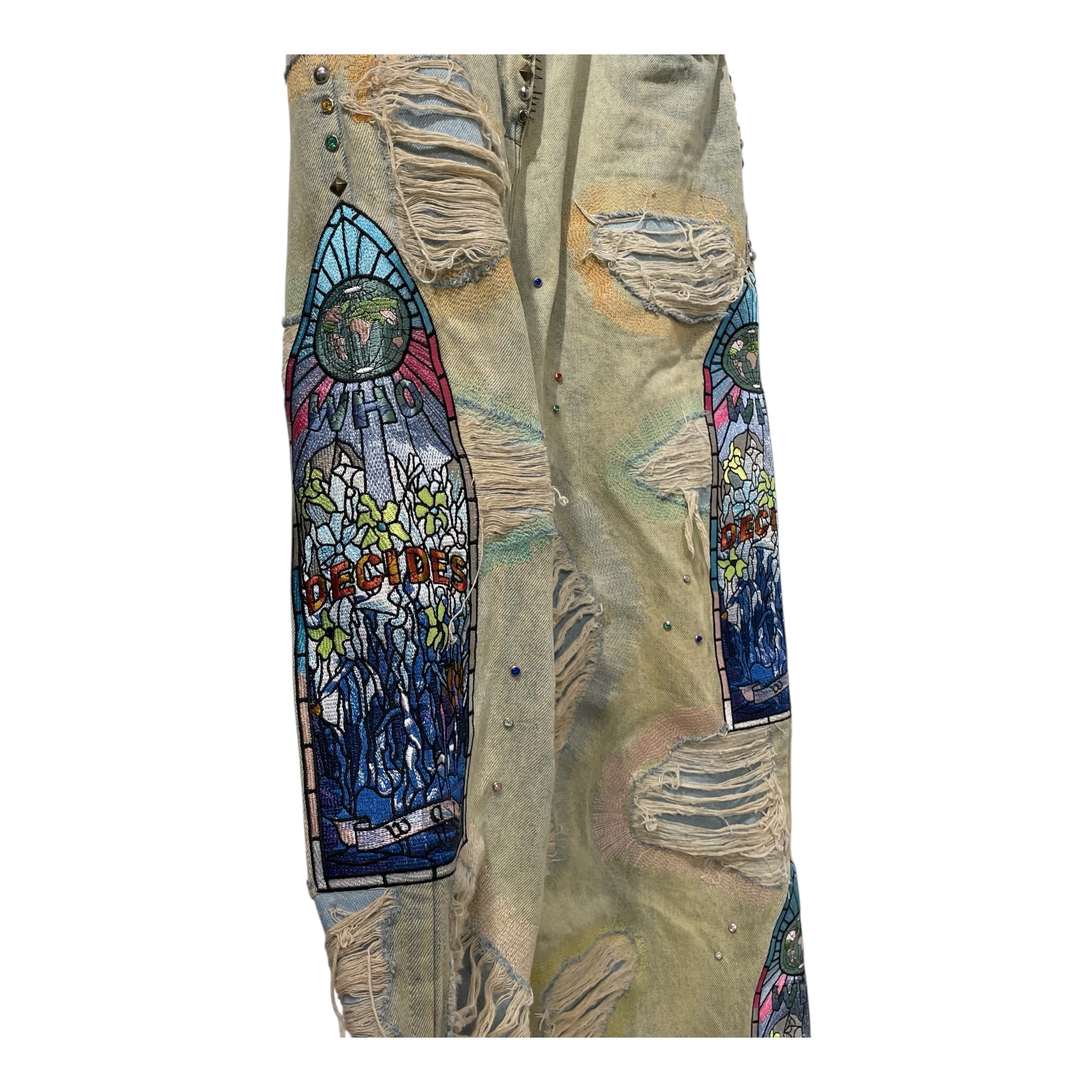 WHO DECIDES WAR/Wide Leg Pants/26/Graphic/Denim/BLU/stud distressed side embroider view 3