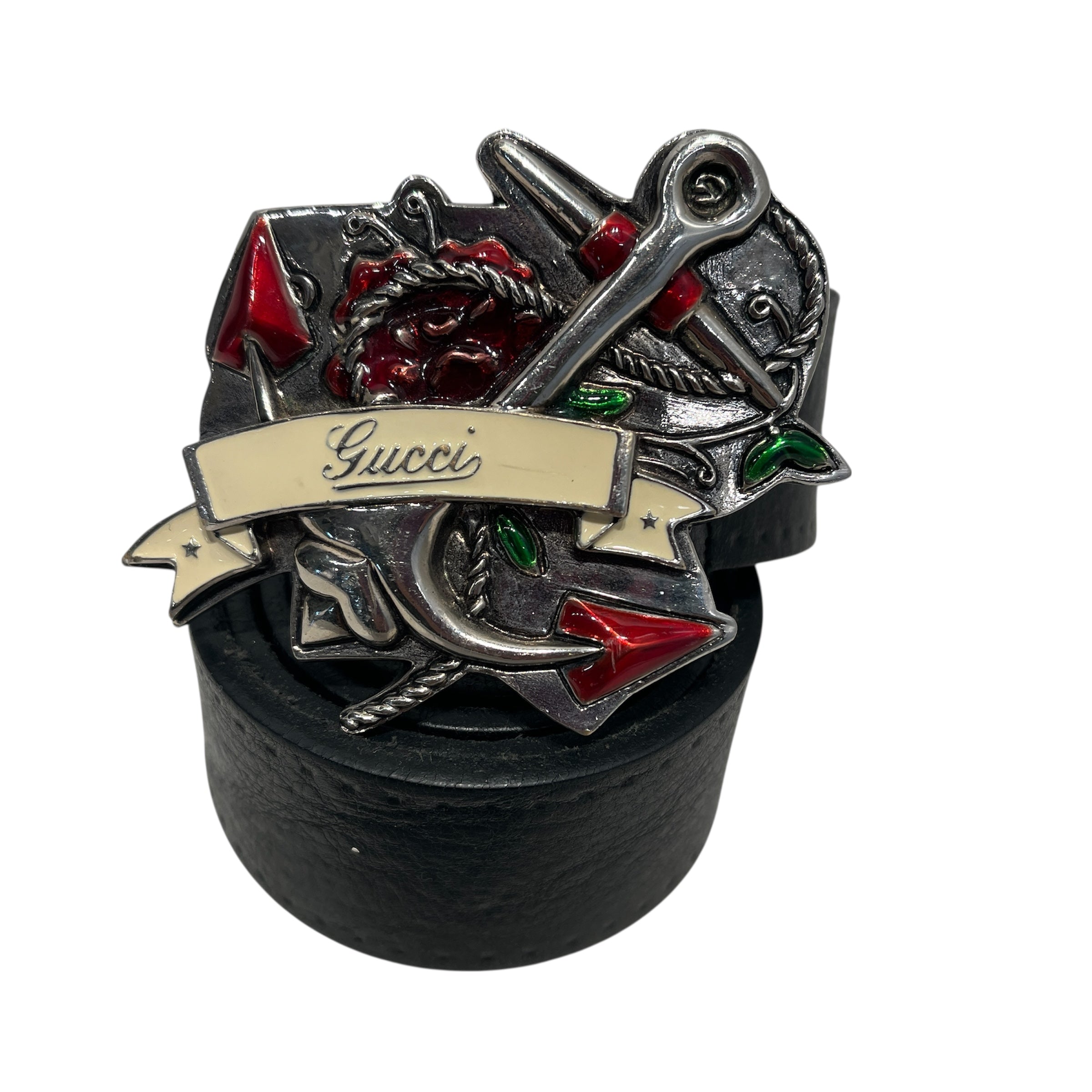 GUCCI/Belt/Leather/BLK/anchor rose buckle view 1