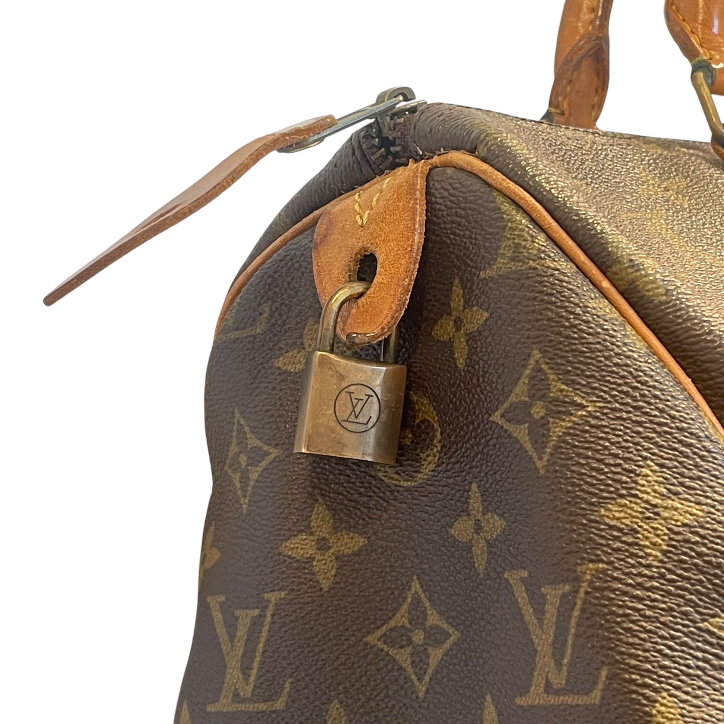 LOUIS VUITTON/Hand Bag/Monogram/Leather/BRW/lock on side/ykk zipper view 3
