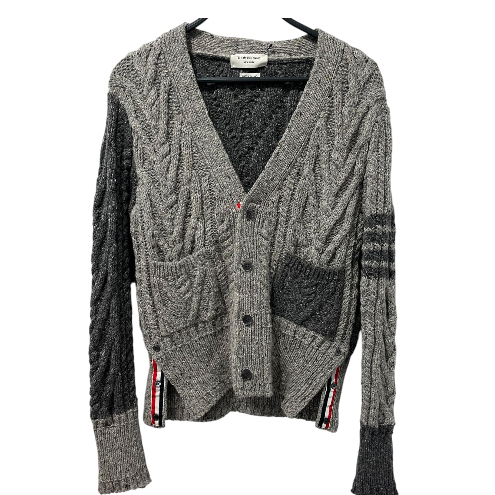 THOM BROWNE. NEW YORK/Cardigan/3/Wool/GRY/2 tone pockets side buttons view 1