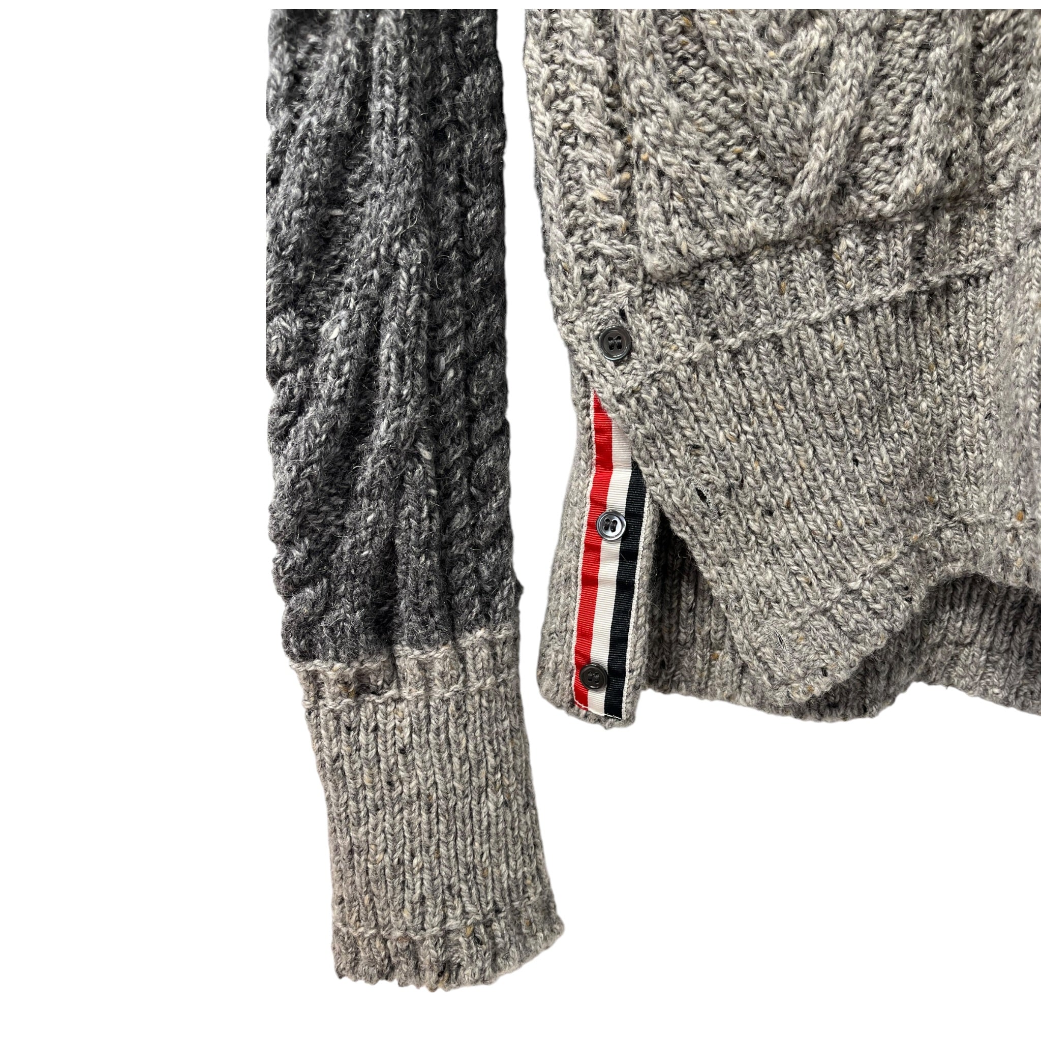 THOM BROWNE. NEW YORK/Cardigan/3/Wool/GRY/2 tone pockets side buttons view 3