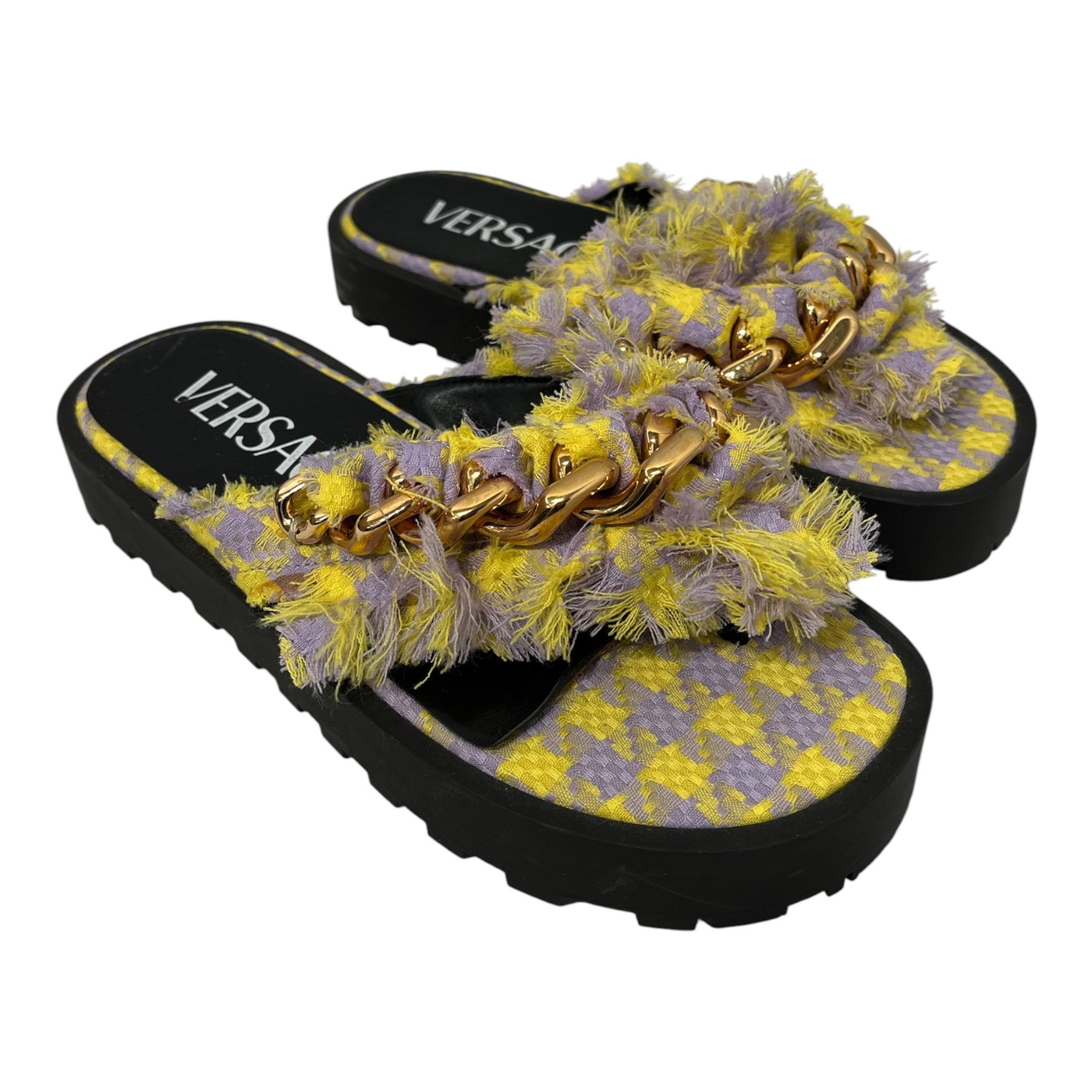 VERSACE/Sandals/EU 40/Plaid/YEL/Open-Toe/GOLD CHAIN STRAP BLACK SOLE view 1