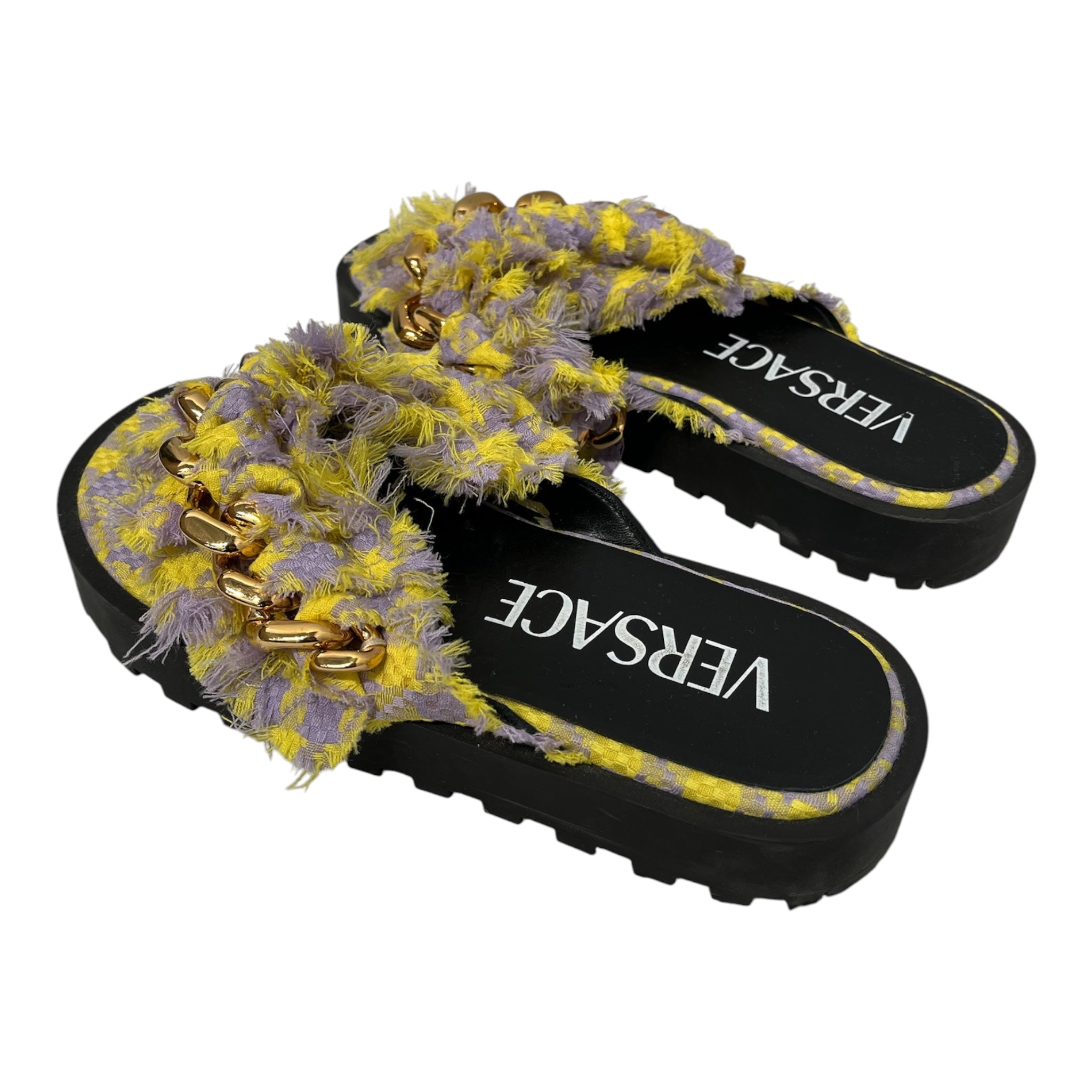 VERSACE/Sandals/EU 40/Plaid/YEL/Open-Toe/GOLD CHAIN STRAP BLACK SOLE view 2