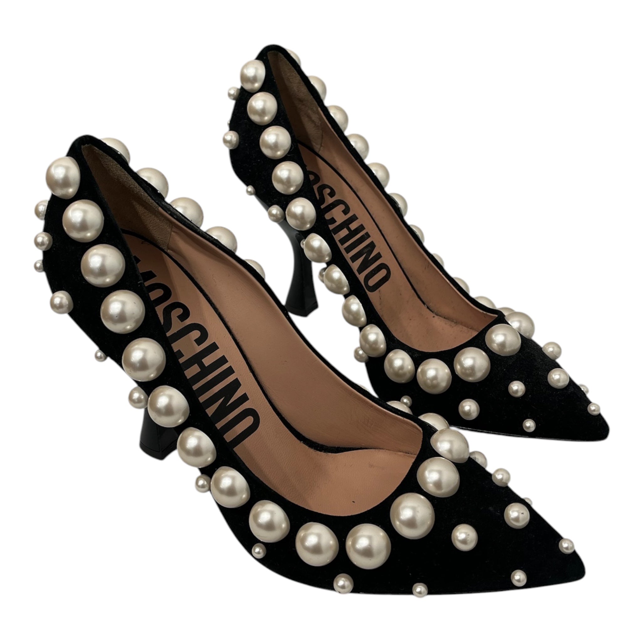 MOSCHINO/Heels/EU 41/Leather/BLK/PEARLS ALL OVER BACK LOGO view 1