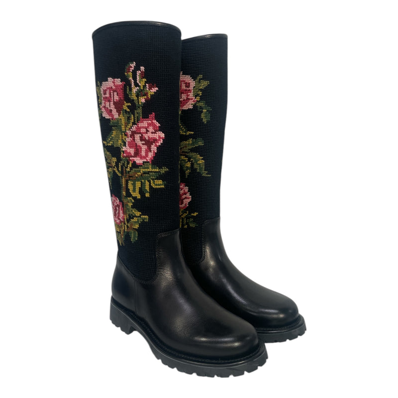 SAINT LAURENT/Long Boots/EU 38/Floral Pattern/Wool/BLK/Wool Floral Boots