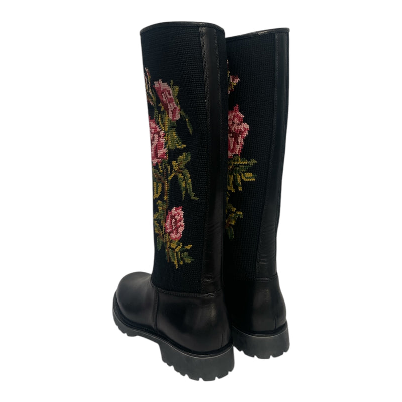 SAINT LAURENT/Long Boots/EU 38/Floral Pattern/Wool/BLK/Wool Floral Boots
