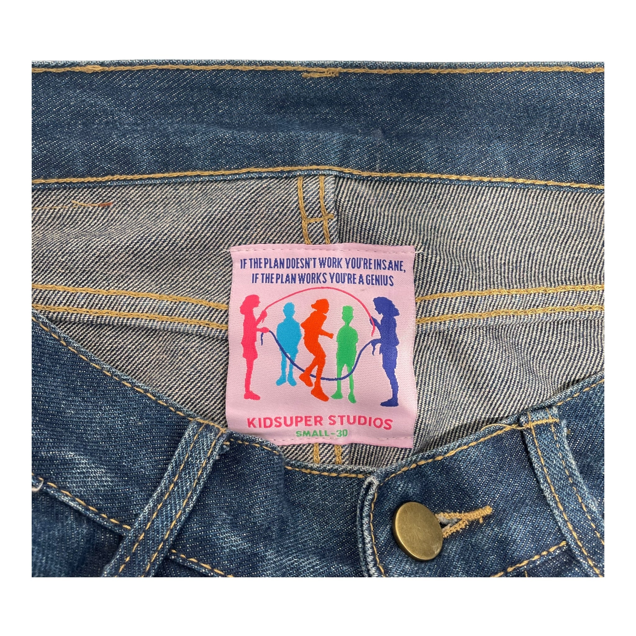 KIDSUPER STUDIOS/Pants/30/Denim/BLU/Graphic/Patchwork Face view 3