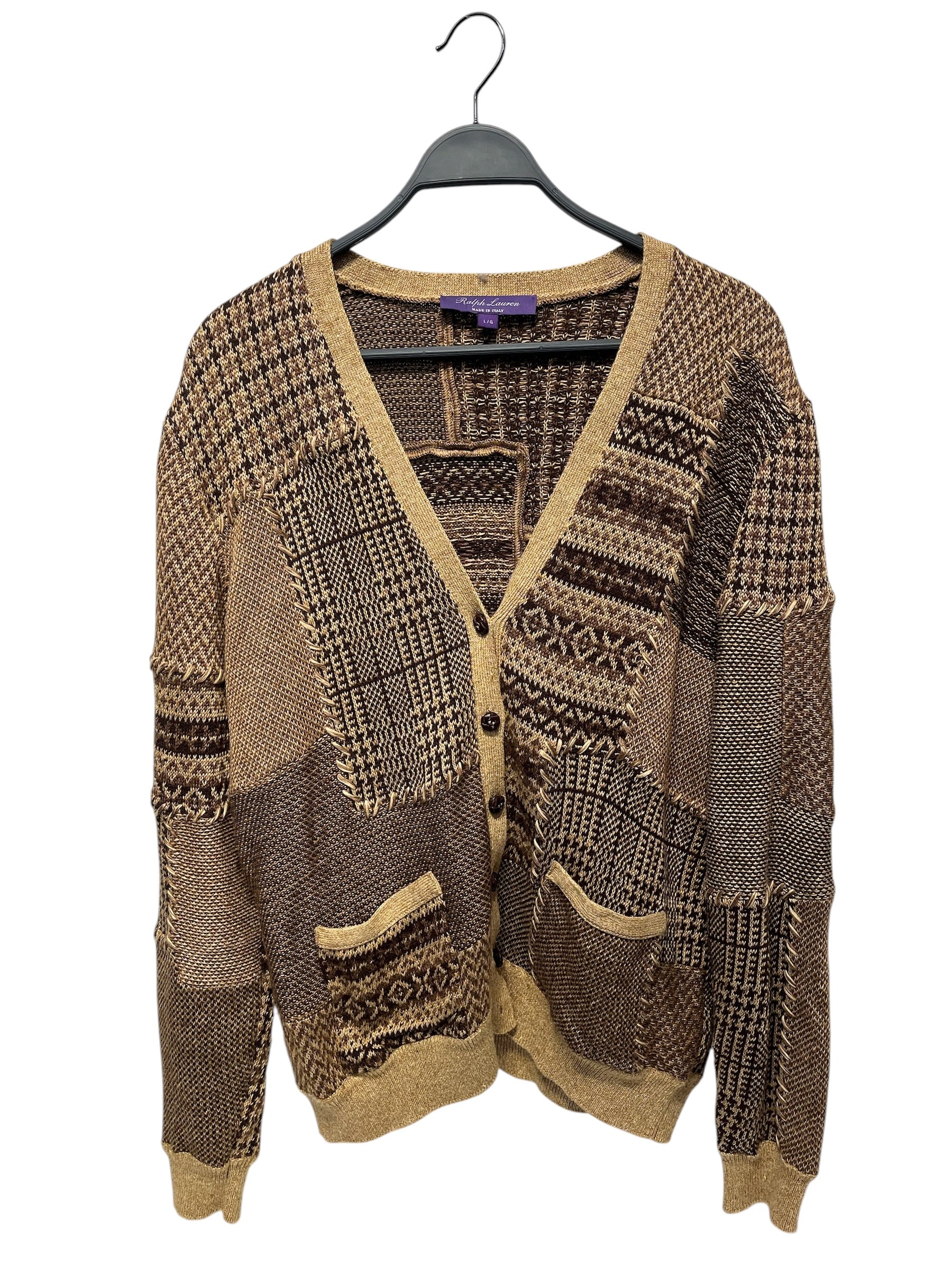 RALPH LAUREN PURPLE LABEL/Cardigan/L/Linen/CML/PATCHWORK KNIT CARDIGAN view 1