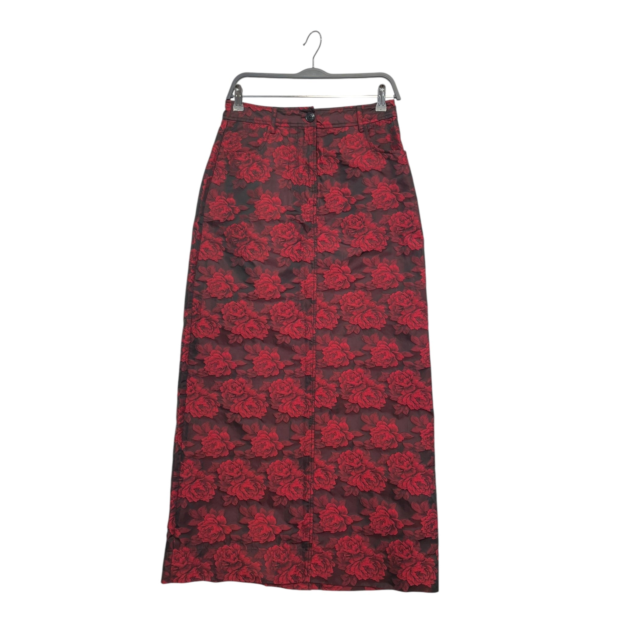 GANNI/Long Skirt/38/Floral Pattern/Polyester/BRD/red/blk floral w/ slit in back view 1