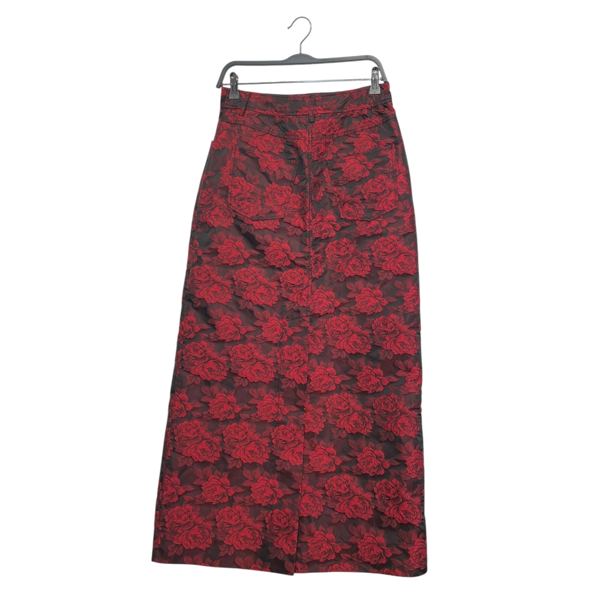 GANNI/Long Skirt/38/Floral Pattern/Polyester/BRD/red/blk floral w/ slit in back view 2