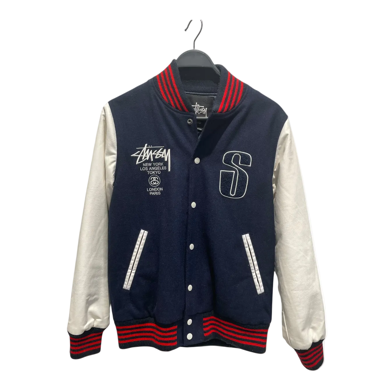 STUSSY/Jacket/S/Wool/NVY/World Tour varsity White Slev view 1