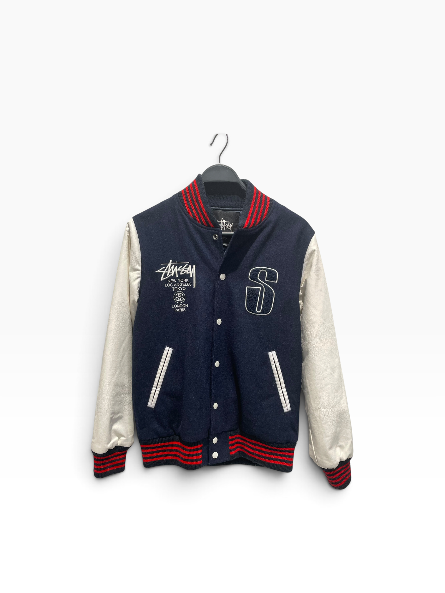 STUSSY/Jacket/S/Wool/NVY/World Tour varsity White Slev view 1