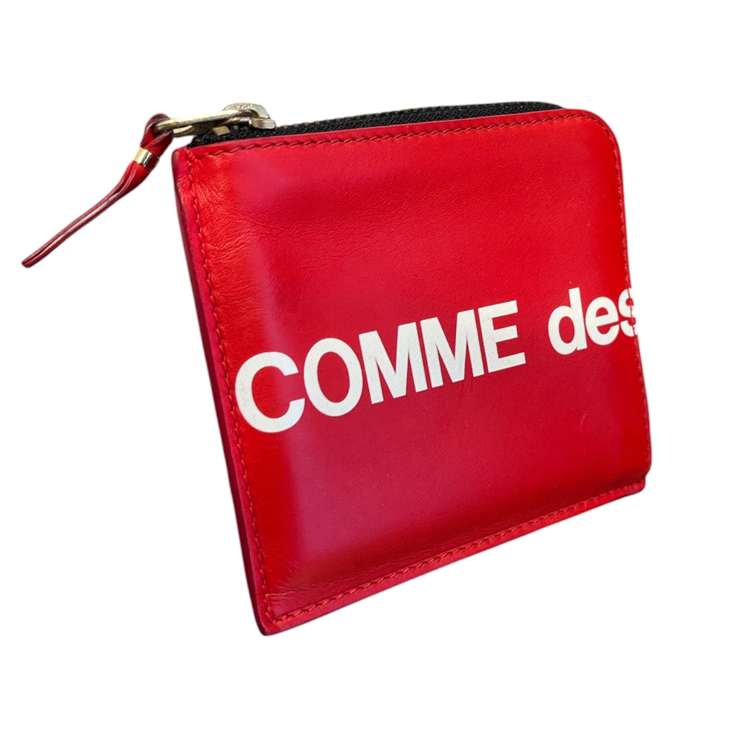 COMME des GARCONS/Coin Wallet/Leather/RED/M's/WHT TEXT / GOLD ZIPPER view 1