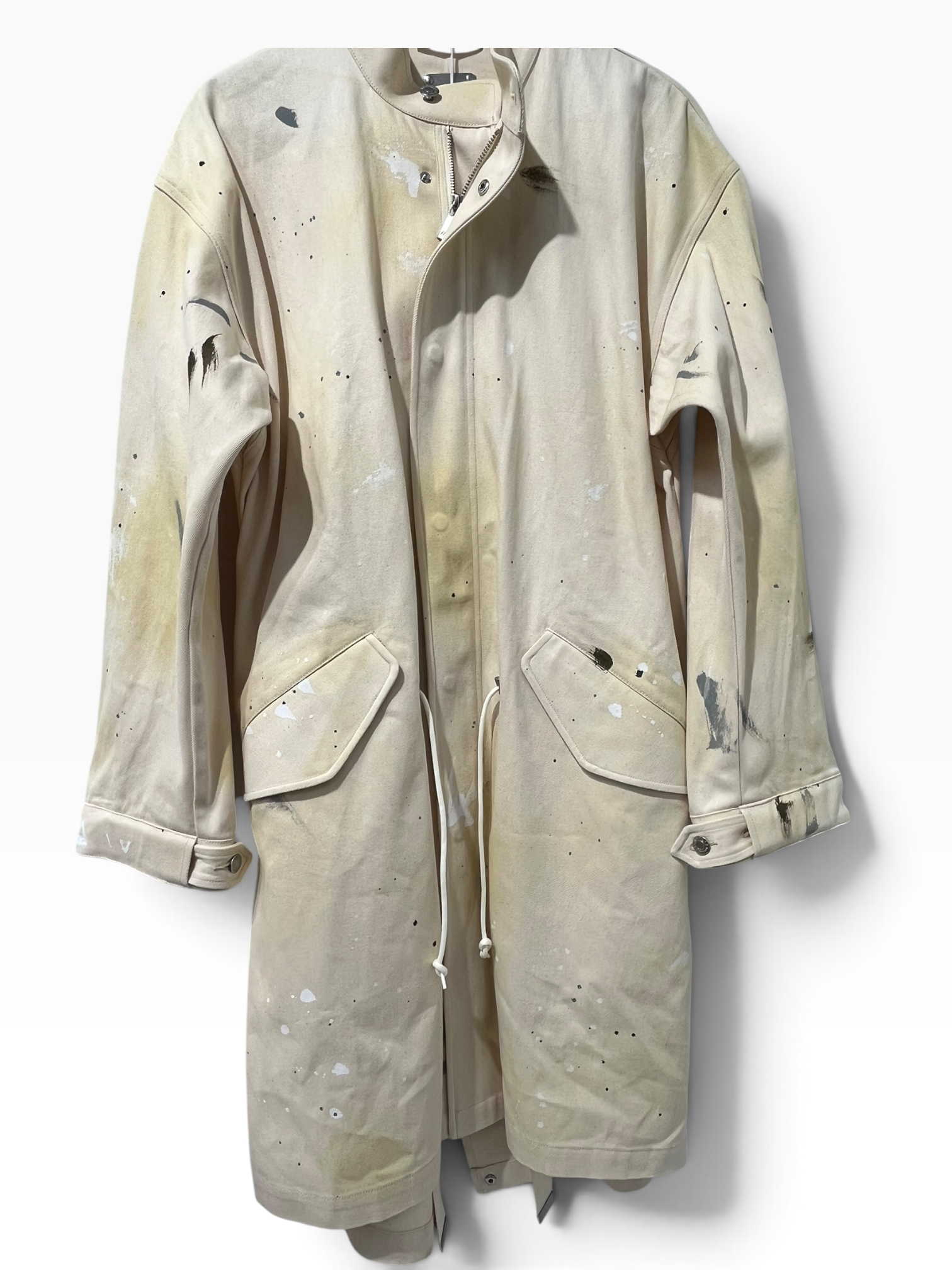 Helmut Lang/Trench Coat/S/Cotton/BEG/Single Breasted/All Over Print/inside straps paint pattern view 1