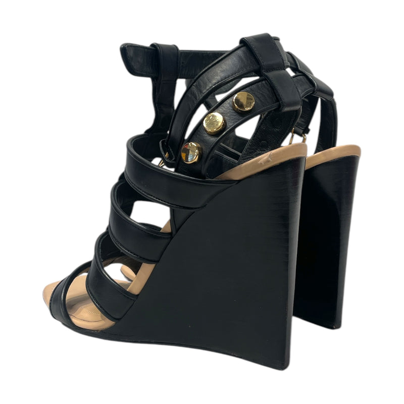 BALENCIAGA/Heels/EU 38.5/Leather/BLK/Ankle Strap/GOLD STUD HEELS