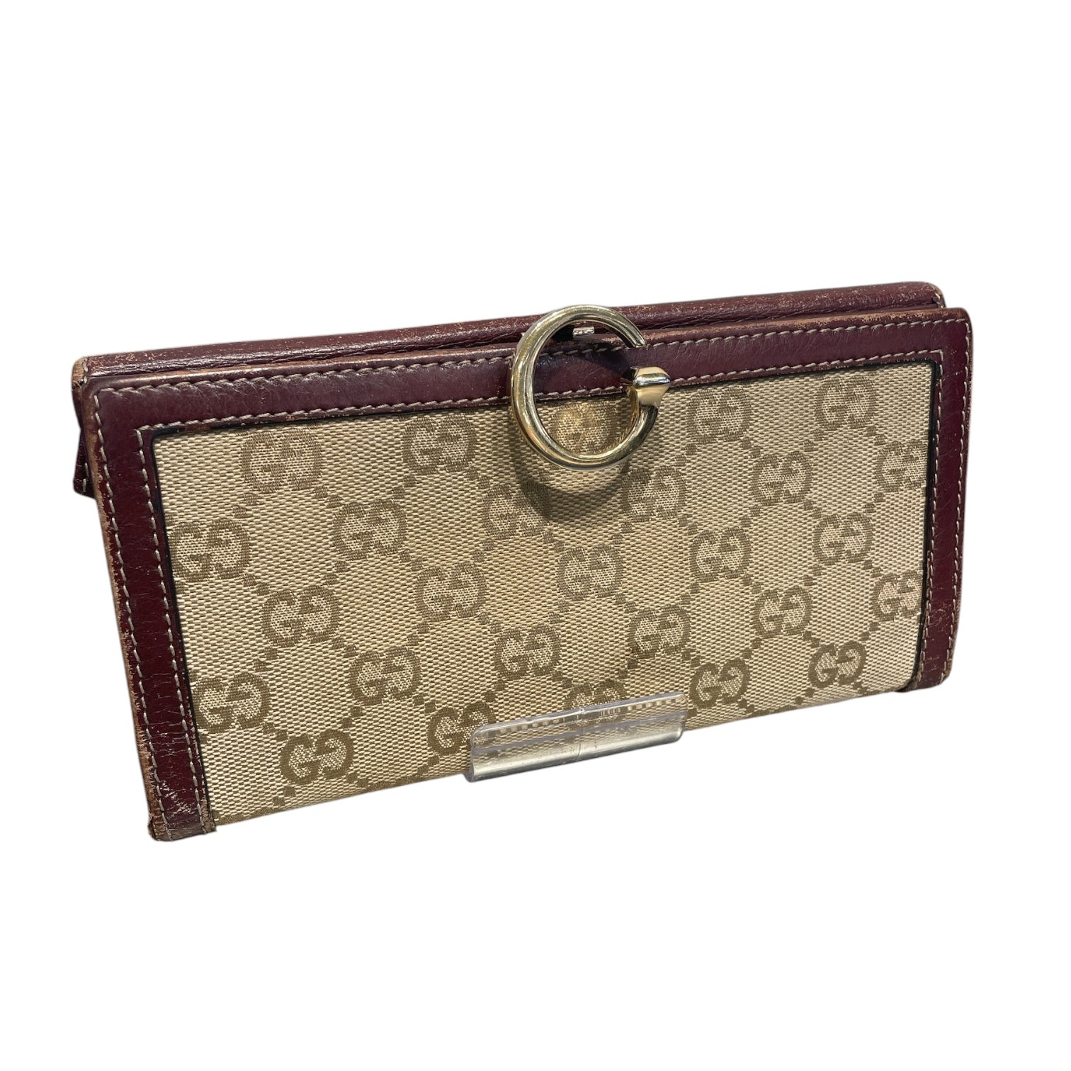 GUCCI/Bifold Wallet/Monogram/Cotton/BEG/L's/G Clip, Brown Leather Trim view 1