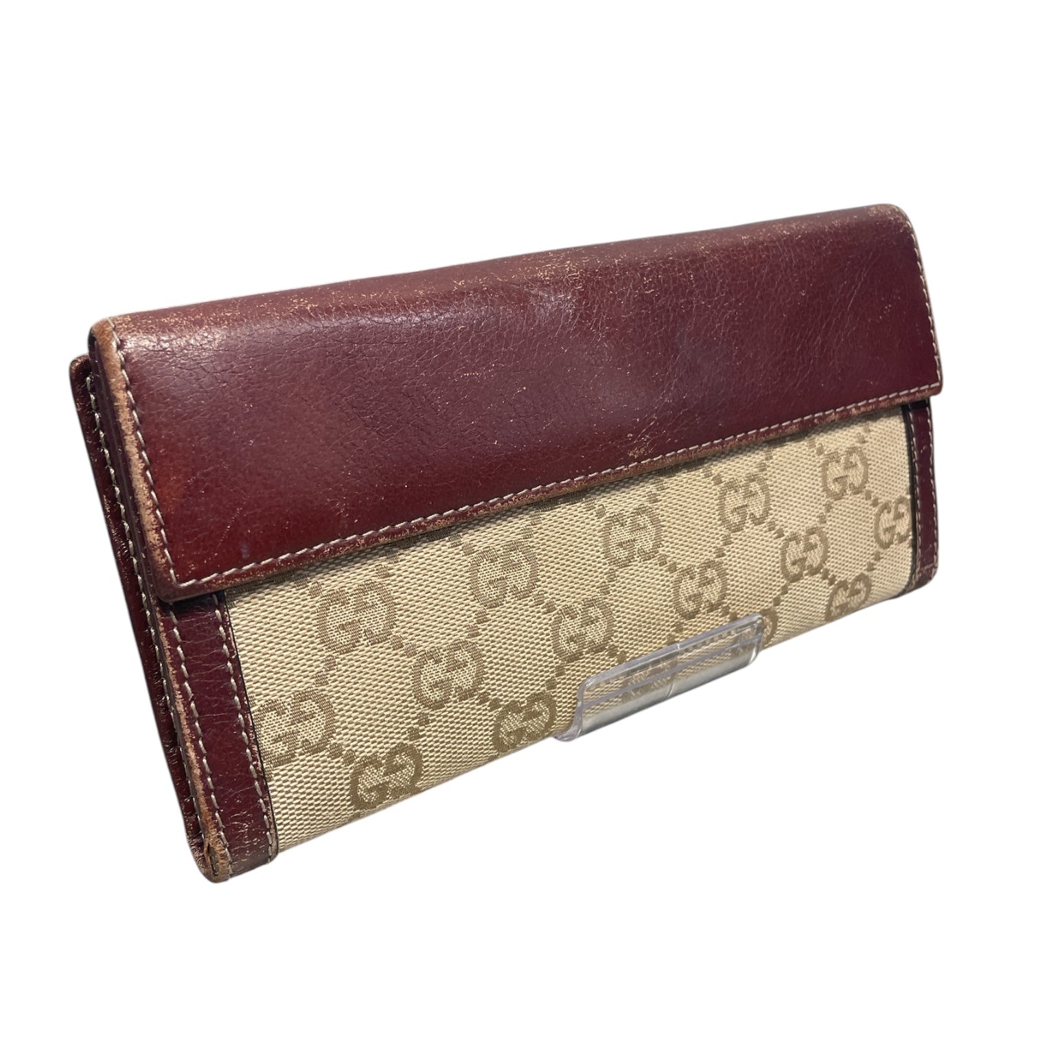 GUCCI/Bifold Wallet/Monogram/Cotton/BEG/L's/G Clip, Brown Leather Trim view 2